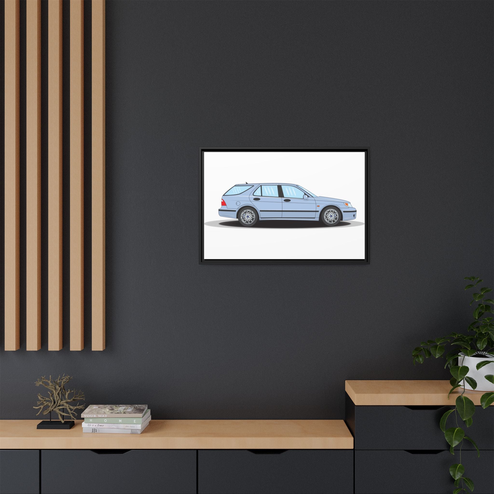 Saab 9-5 OG Aero Wagon Ice Blue Art Print — Framed Matte Canvas Wall Decor