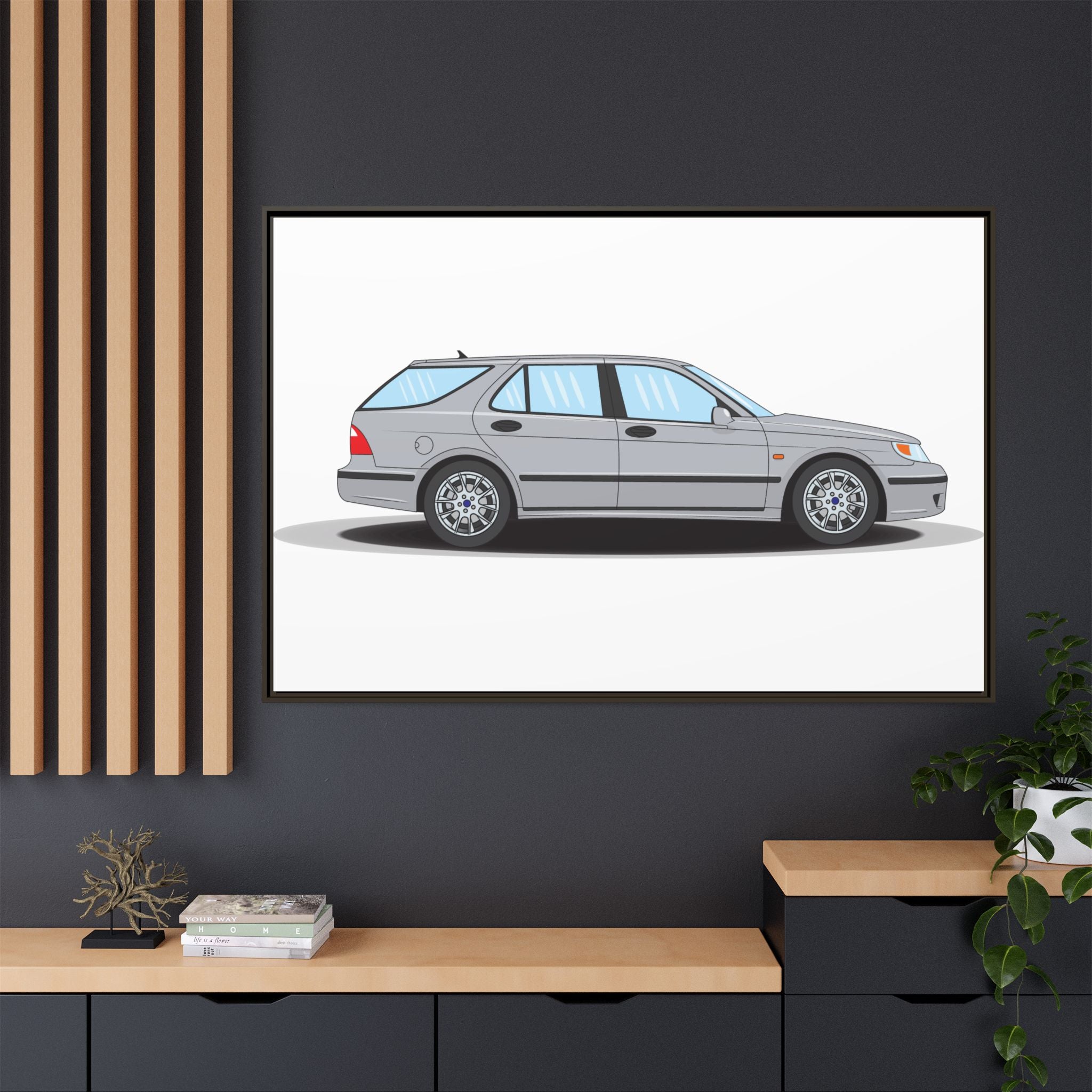 Saab 9-5 OG Aero Wagon Silver Metallic Art Print — Framed Matte Canvas Wall Decor