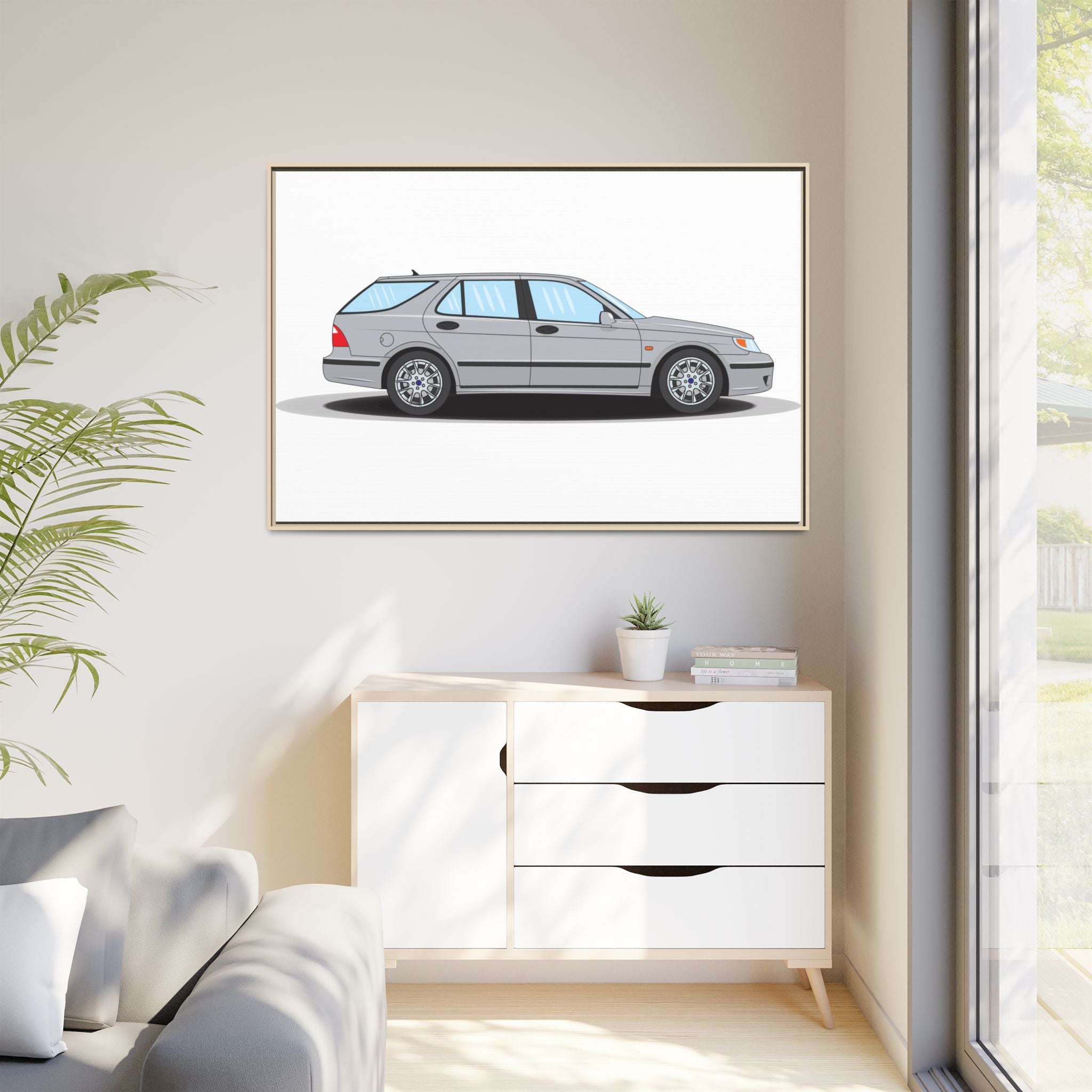 Saab 9-5 OG Aero Wagon Silver Metallic Art Print — Framed Matte Canvas Wall Decor