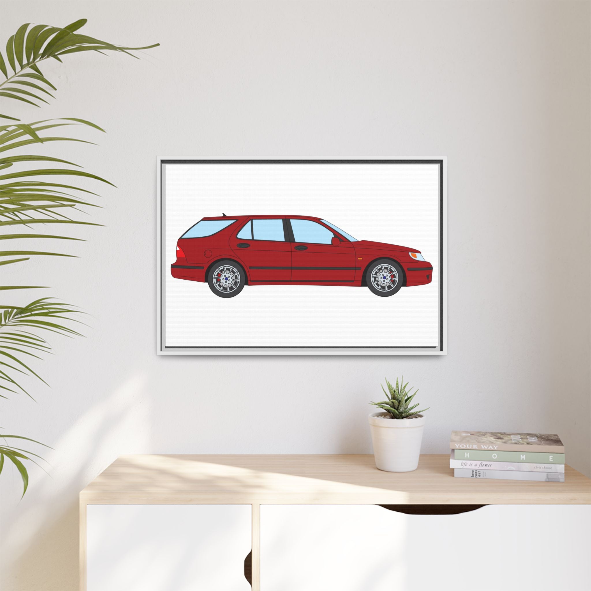 Saab 9-5 OG Aero Wagon — Laser Red Art Print — Framed Matte Canvas Wall Decor