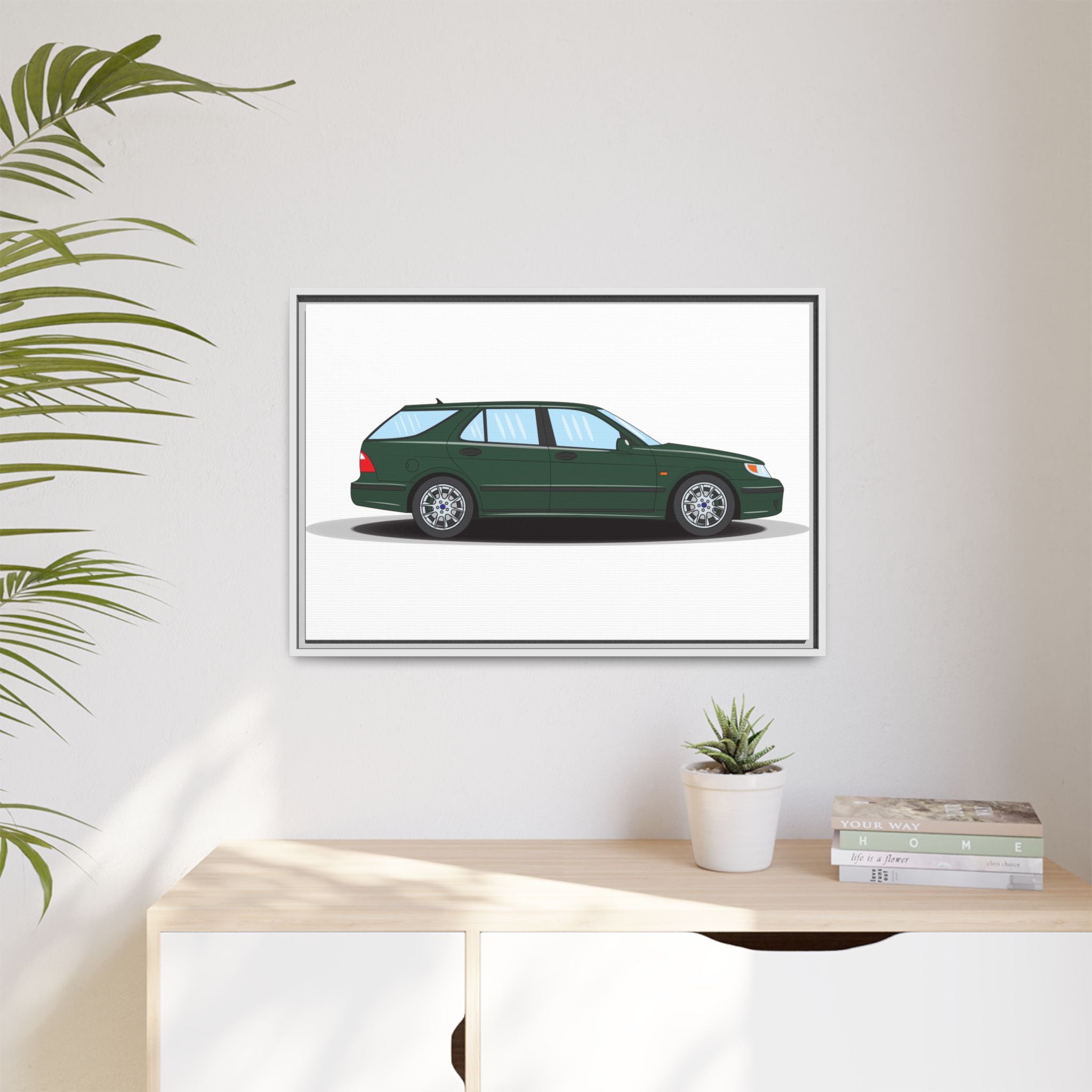 Saab 9-5 OG Aero Wagon Scarabe Green Art Print — Framed Matte Canvas Wall Decor