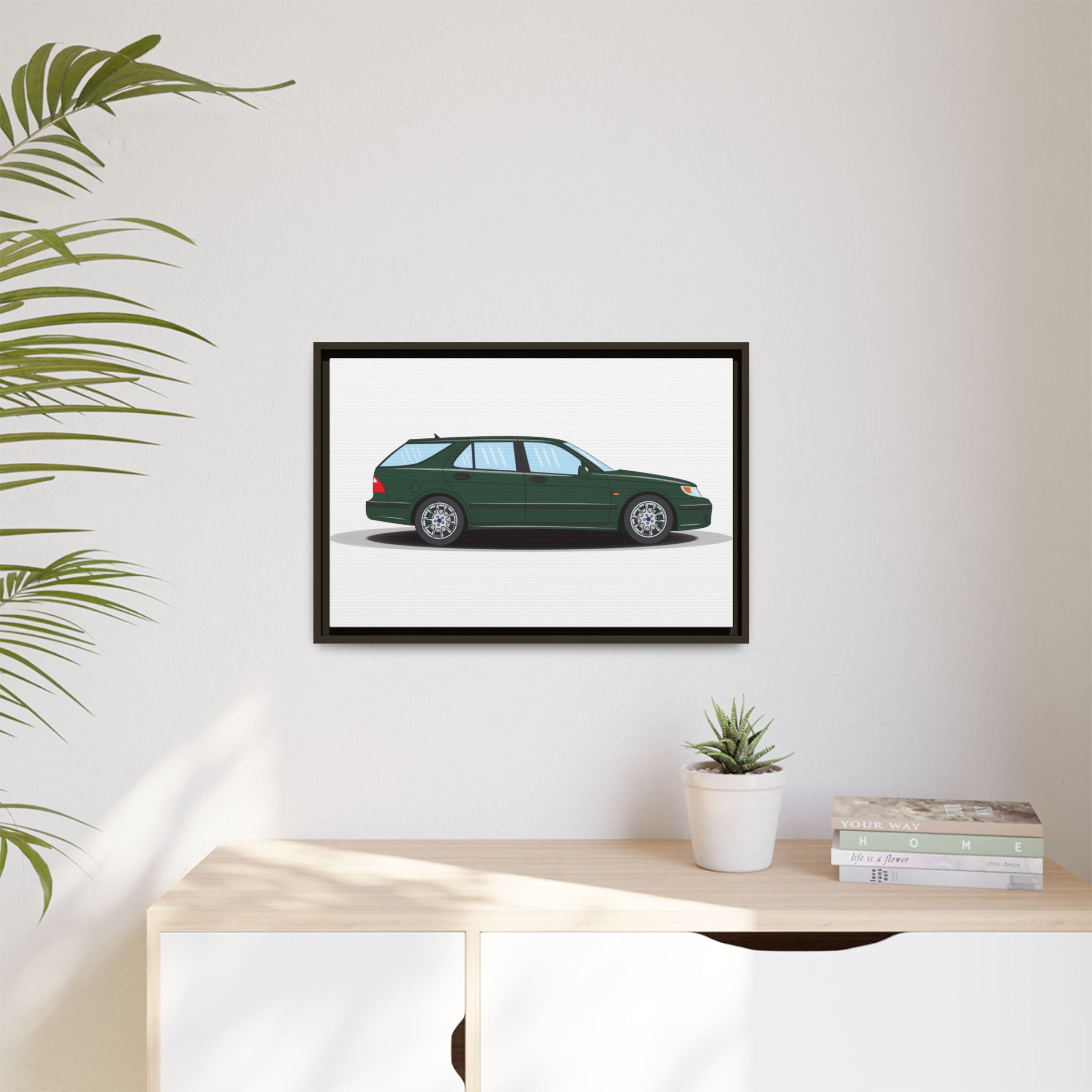 Saab 9-5 OG Aero Wagon Scarabe Green Art Print — Framed Matte Canvas Wall Decor
