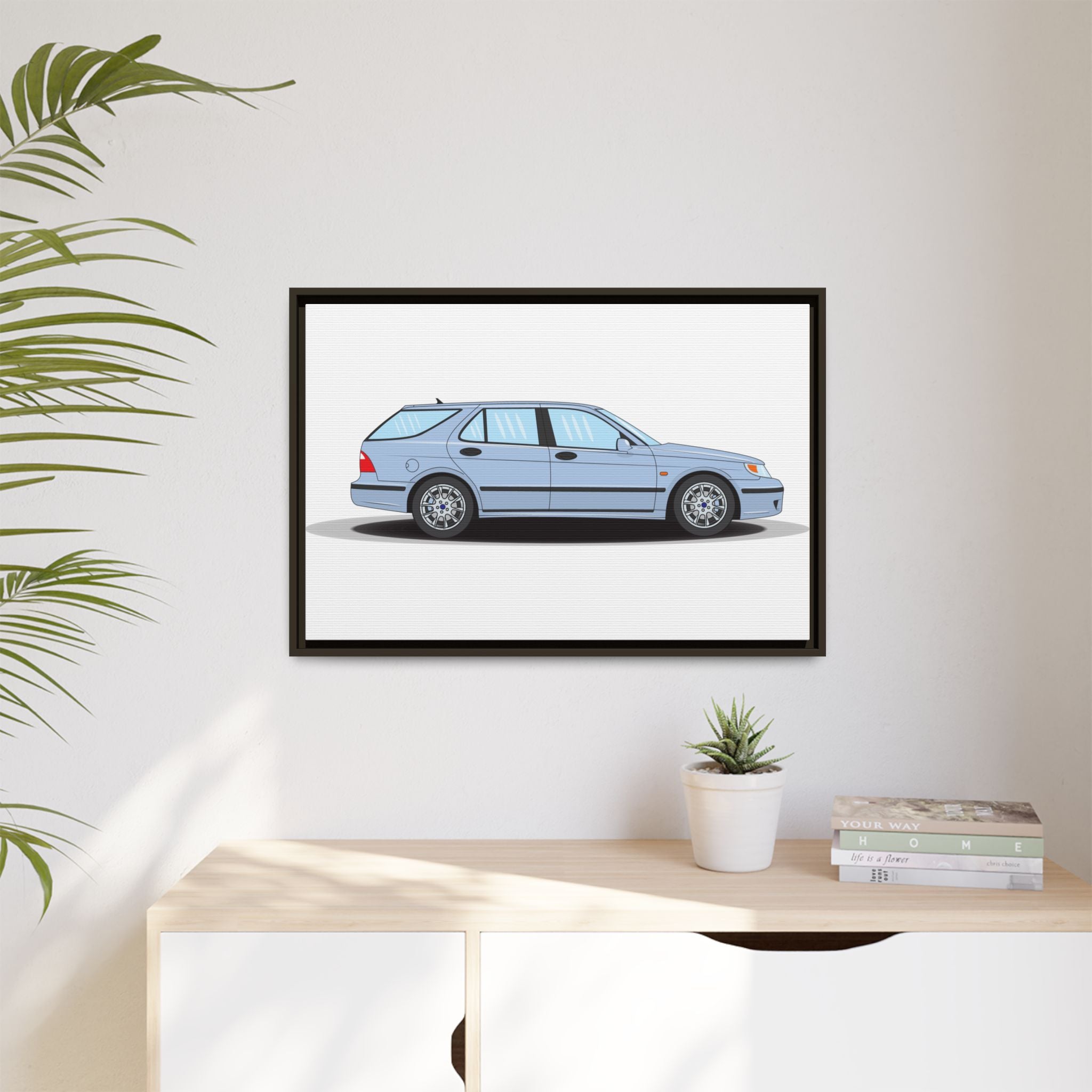 Saab 9-5 OG Aero Wagon Ice Blue Art Print — Framed Matte Canvas Wall Decor