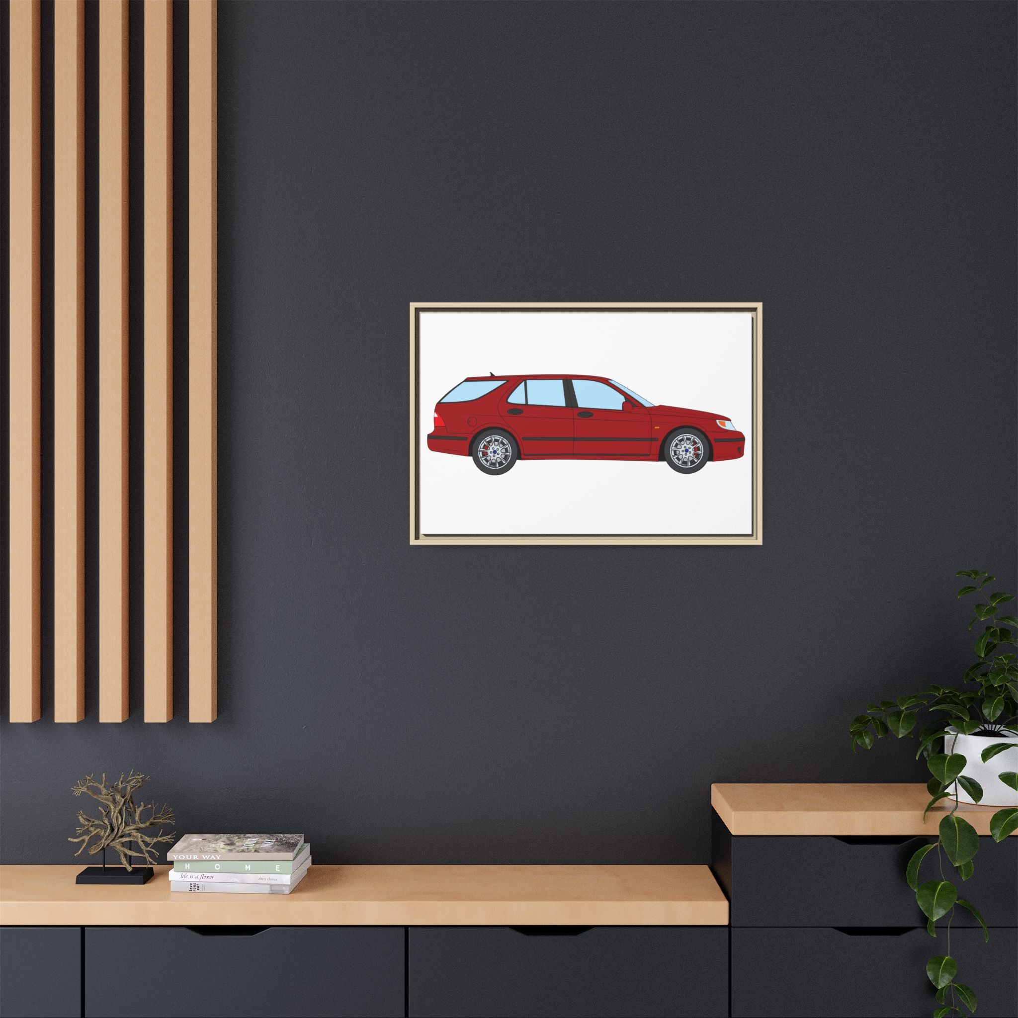 Saab 9-5 OG Aero Wagon — Laser Red Art Print — Framed Matte Canvas Wall Decor