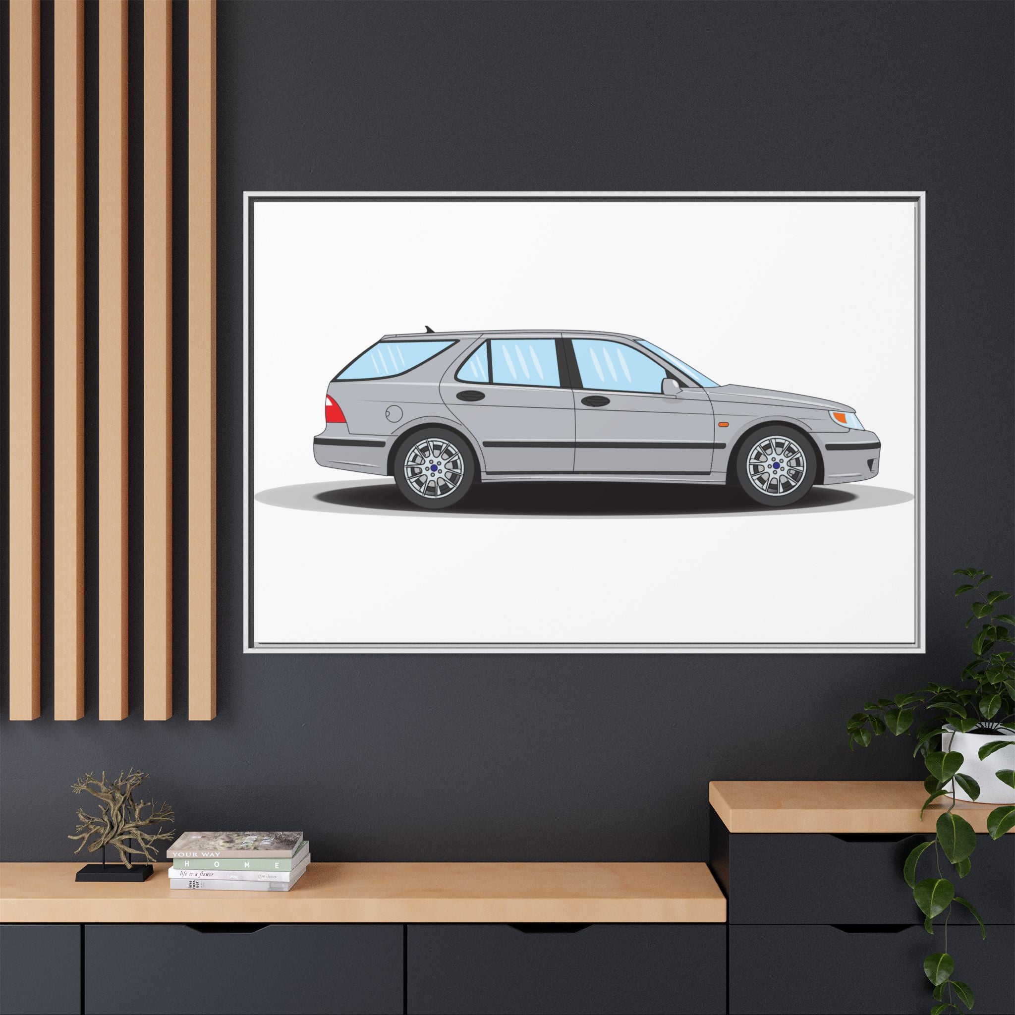 Saab 9-5 OG Aero Wagon Silver Metallic Art Print — Framed Matte Canvas Wall Decor
