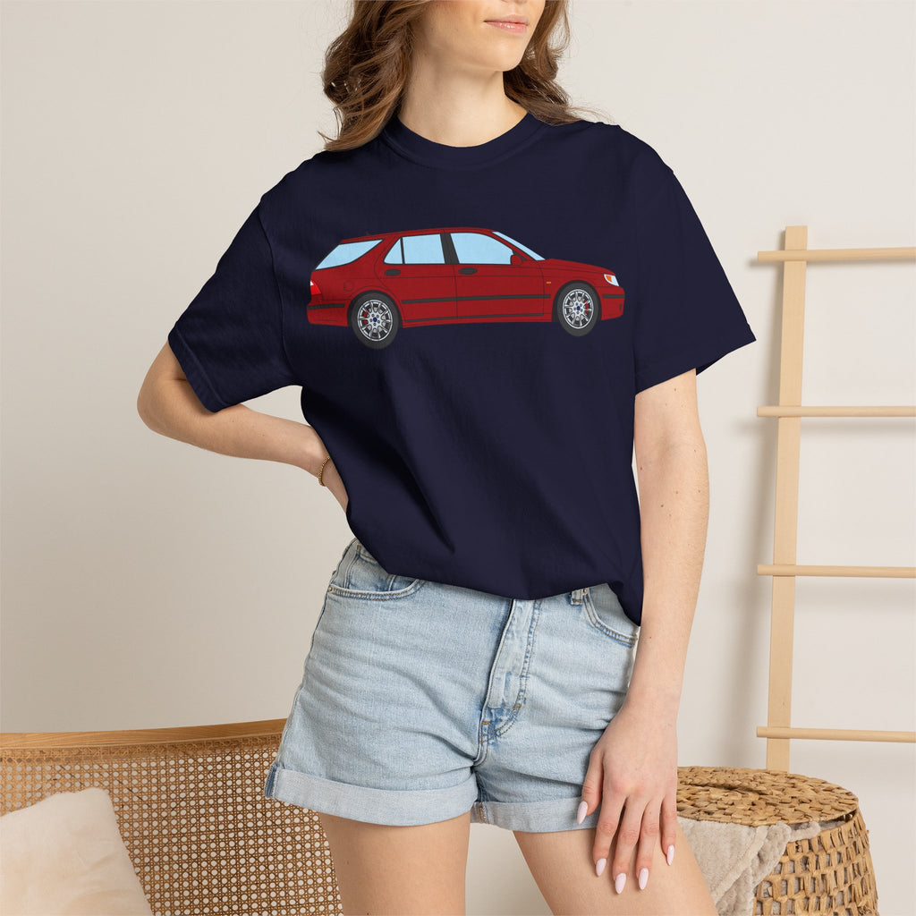 Saab 9-5 OG Aero Wagon Laser Red  — T-Shirt — Retro Car Graphic Tee
