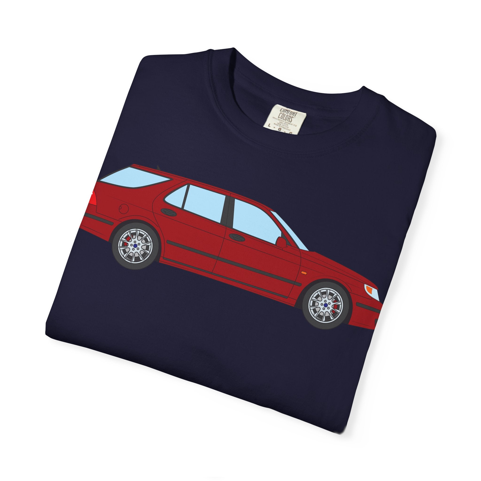 Saab 9-5 OG Aero Wagon Laser Red  — T-Shirt — Retro Car Graphic Tee