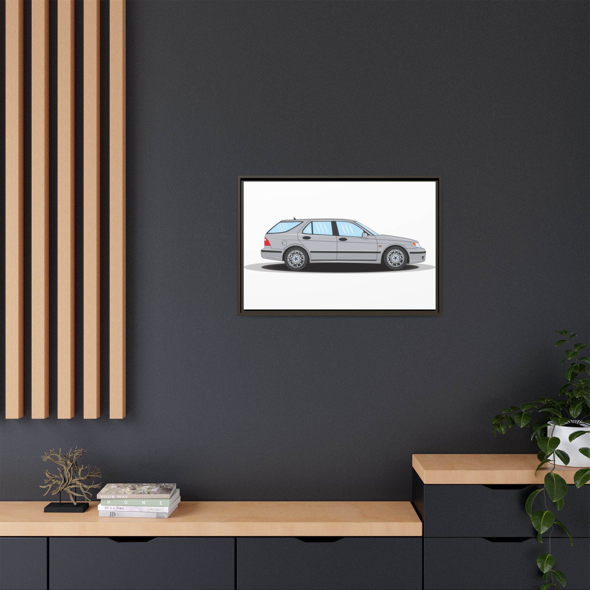 Saab 9-5 OG Aero Wagon Silver Metallic Art Print — Framed Matte Canvas Wall Decor
