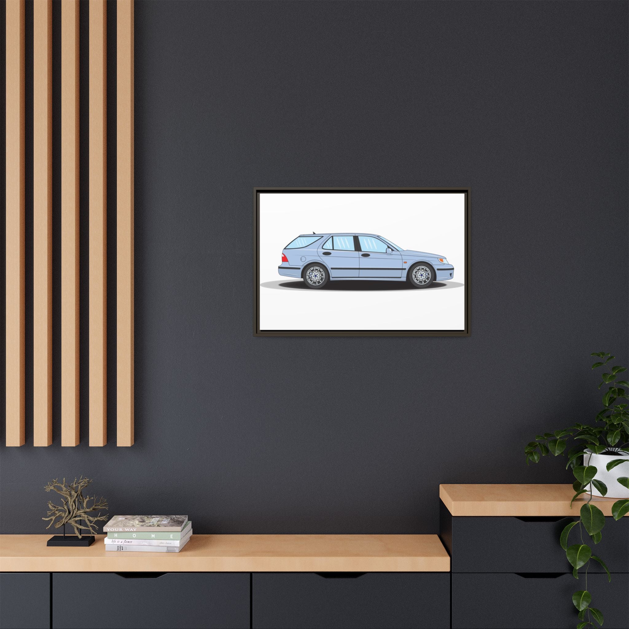 Saab 9-5 OG Aero Wagon Ice Blue Art Print — Framed Matte Canvas Wall Decor