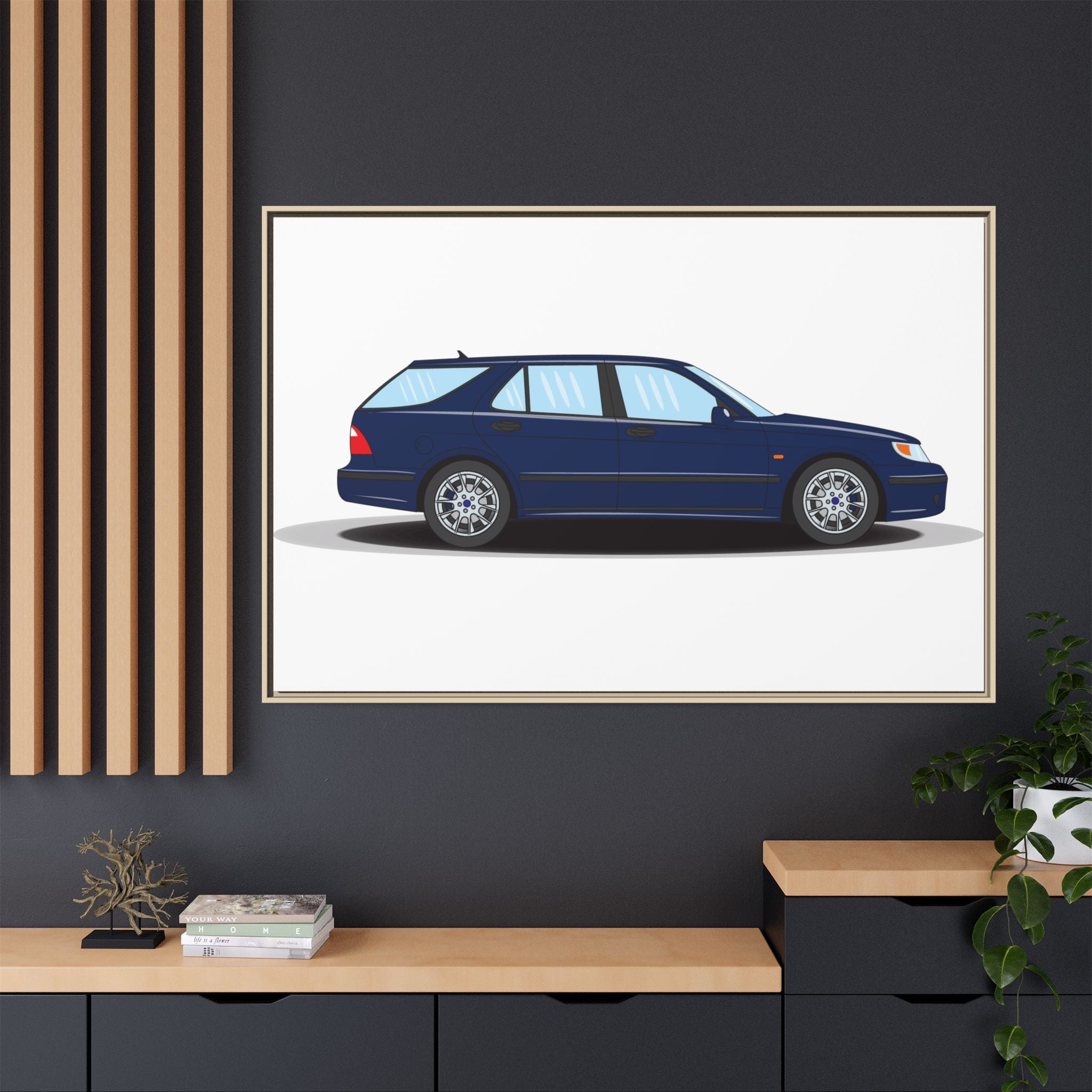 Saab 9-5 OG Aero Wagon Midnight Blue Art Print — Framed Matte Canvas Wall Decor