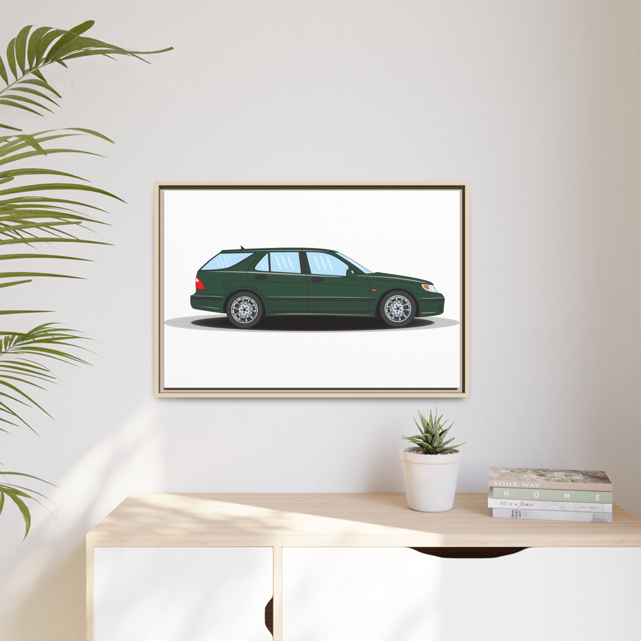 Saab 9-5 OG Aero Wagon Scarabe Green Art Print — Framed Matte Canvas Wall Decor