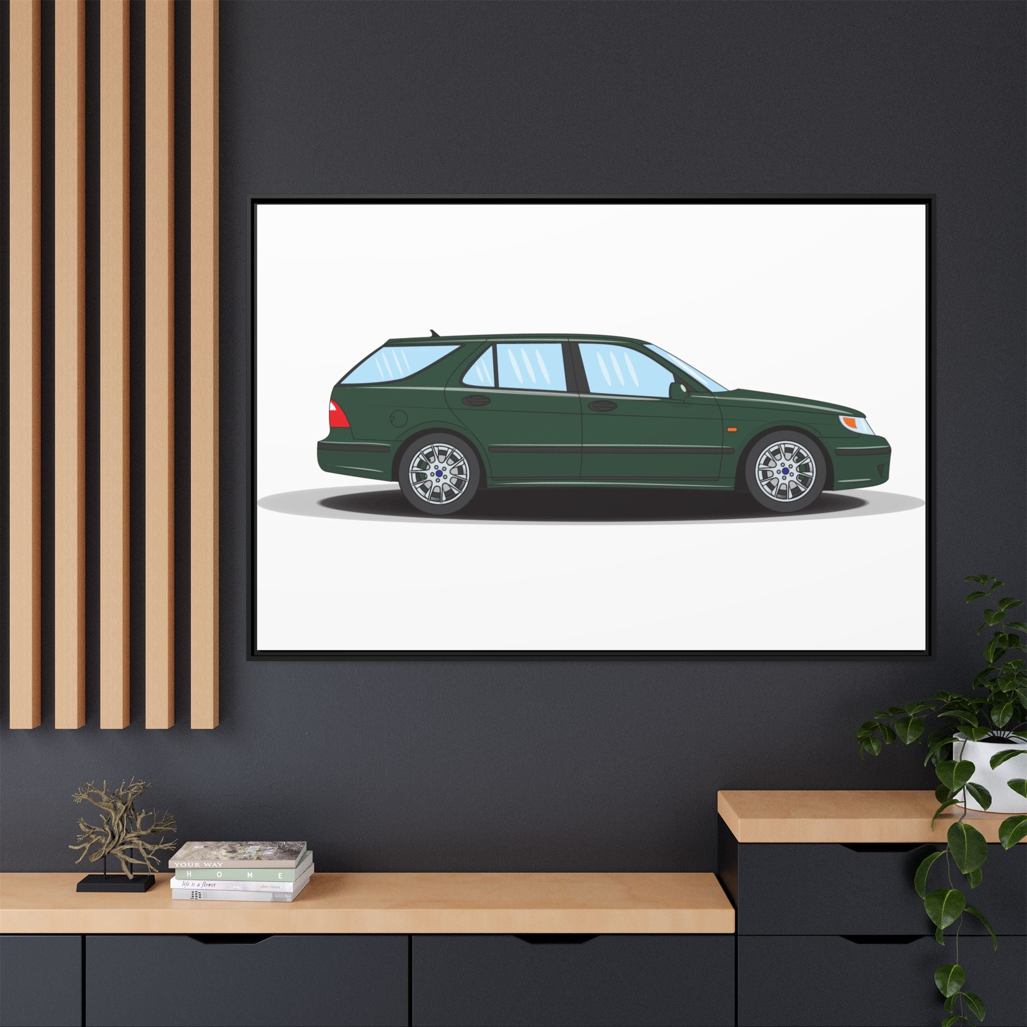 Saab 9-5 OG Aero Wagon Scarabe Green Art Print — Framed Matte Canvas Wall Decor