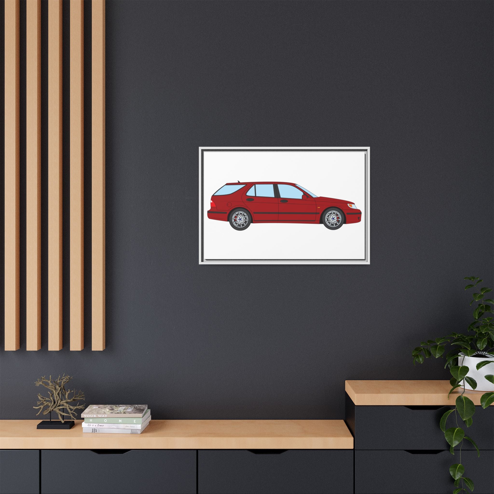 Saab 9-5 OG Aero Wagon — Laser Red Art Print — Framed Matte Canvas Wall Decor