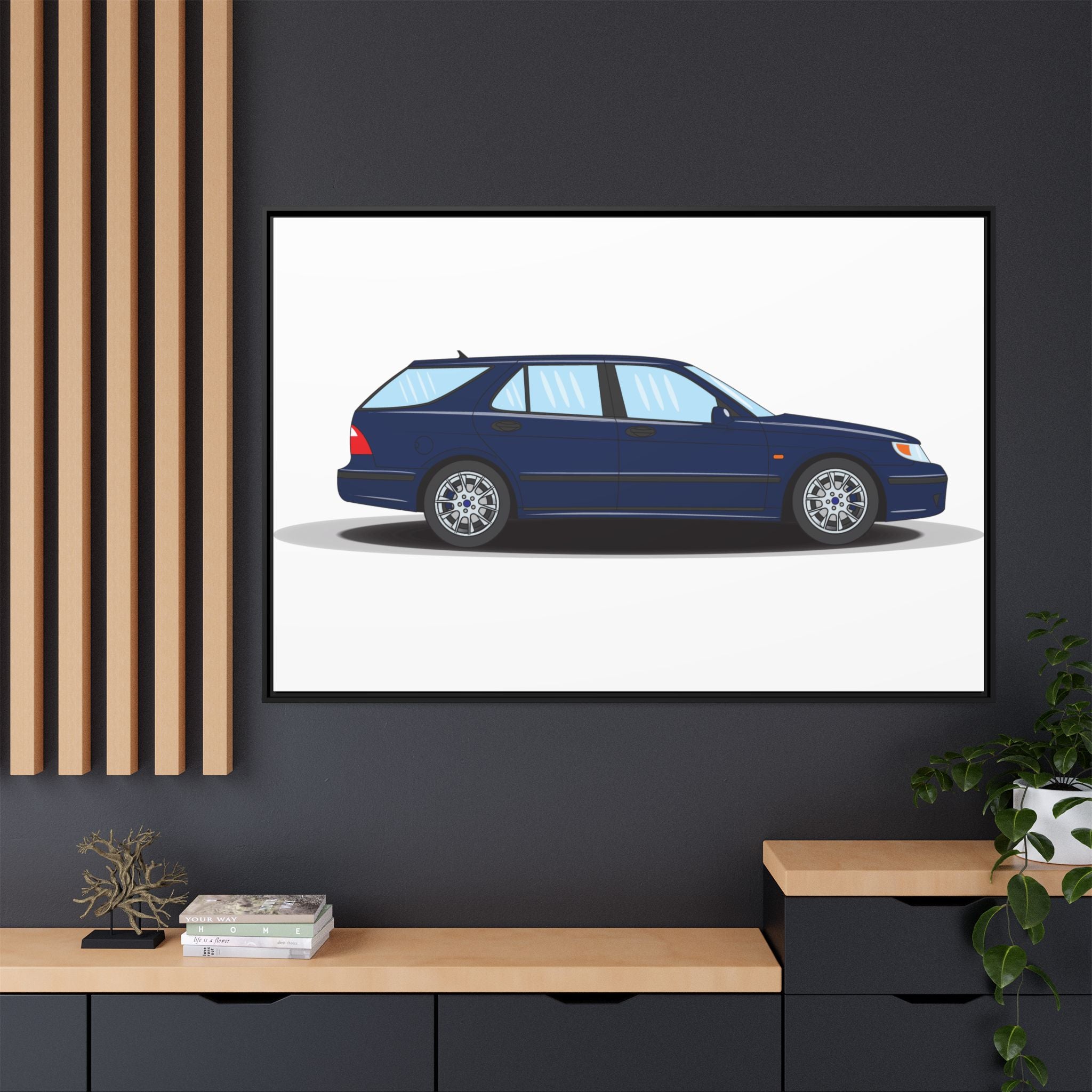 Saab 9-5 OG Aero Wagon Midnight Blue Art Print — Framed Matte Canvas Wall Decor