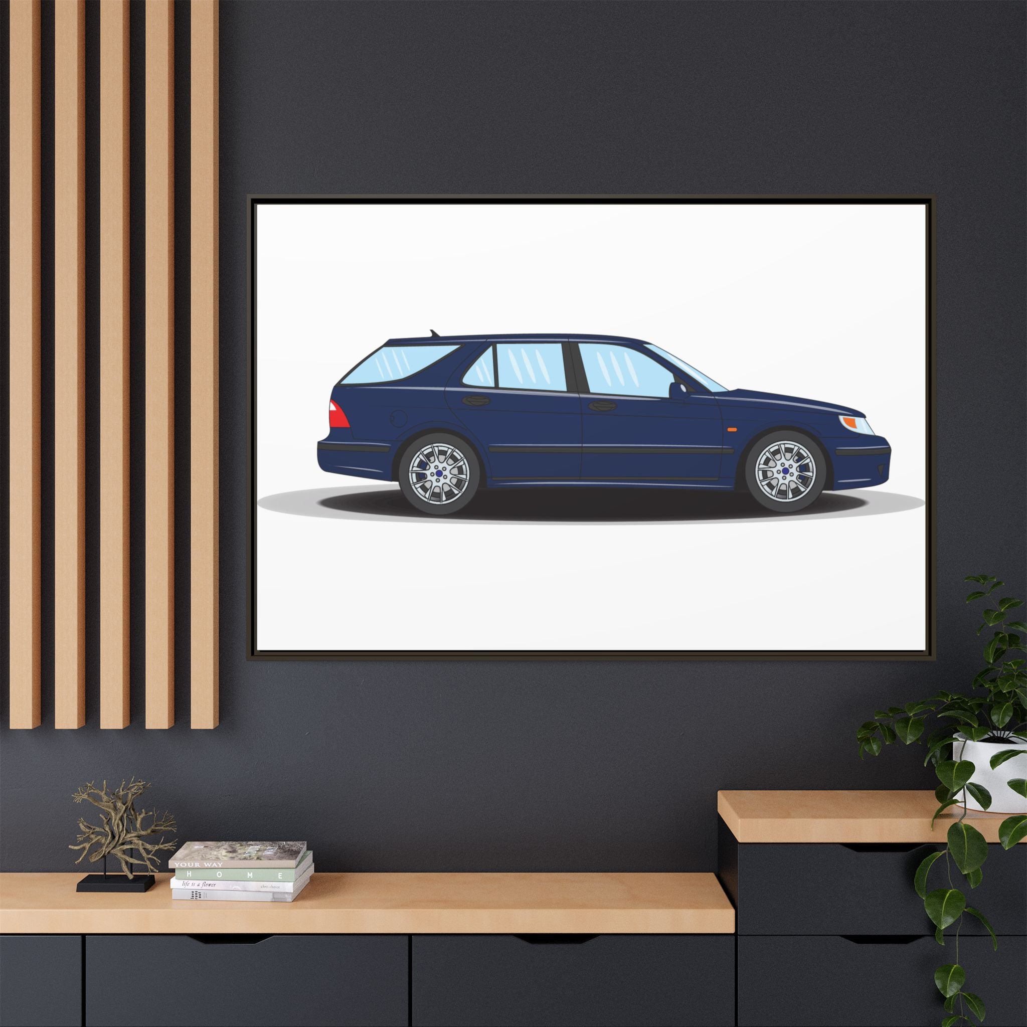 Saab 9-5 OG Aero Wagon Midnight Blue Art Print — Framed Matte Canvas Wall Decor