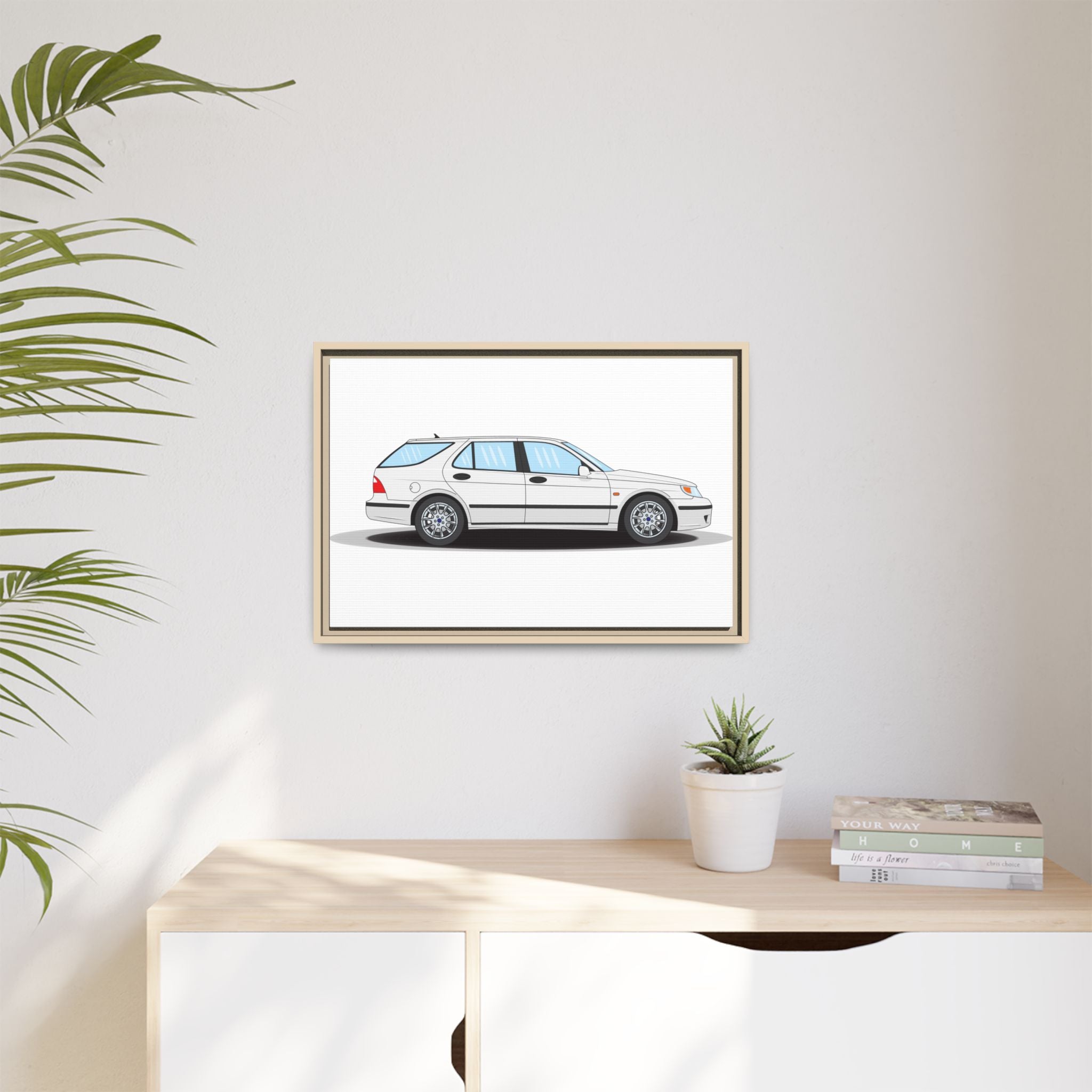 Saab 9-5 OG Aero Wagon Artic White Art Print — Framed Matte Canvas Wall Decor