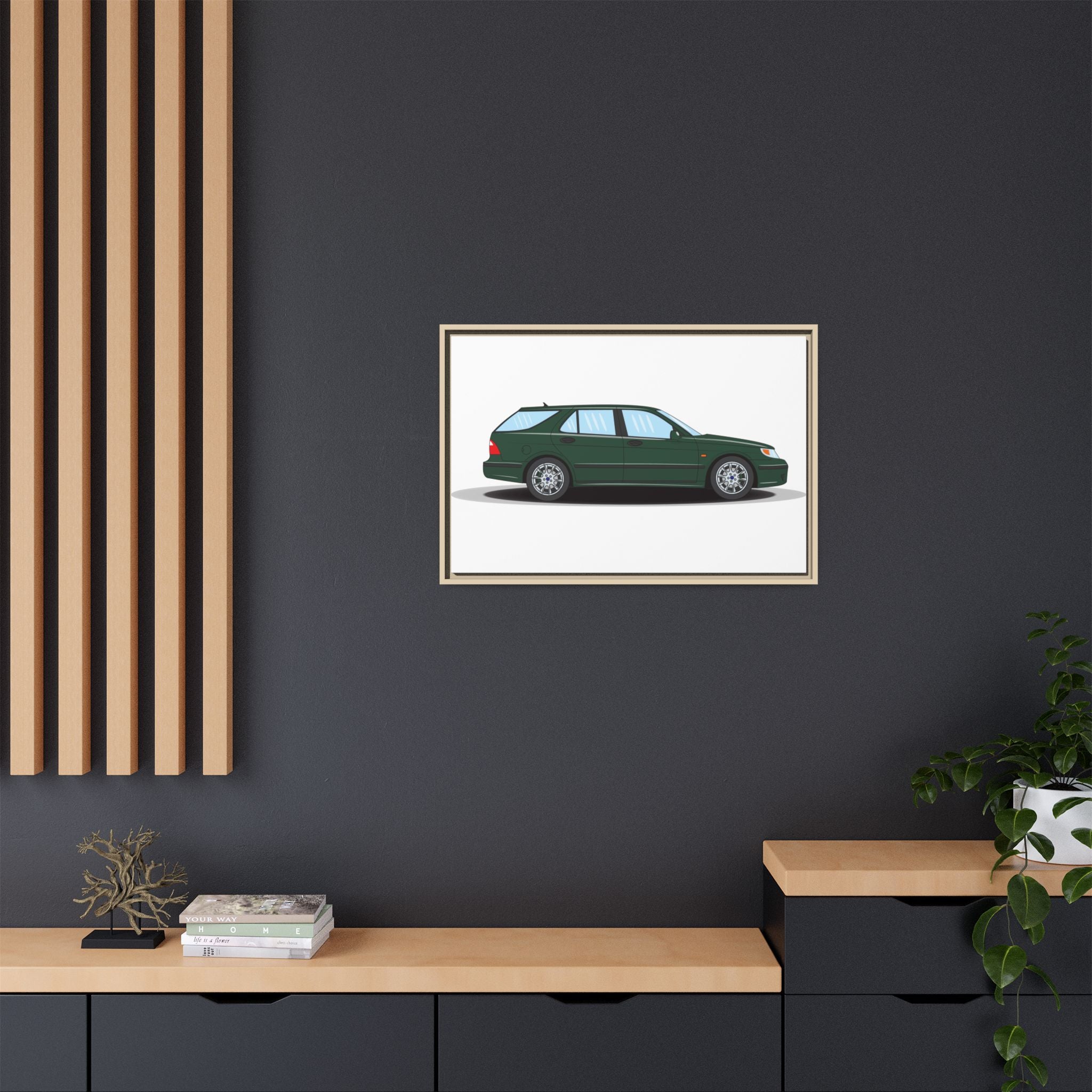 Saab 9-5 OG Aero Wagon Scarabe Green Art Print — Framed Matte Canvas Wall Decor