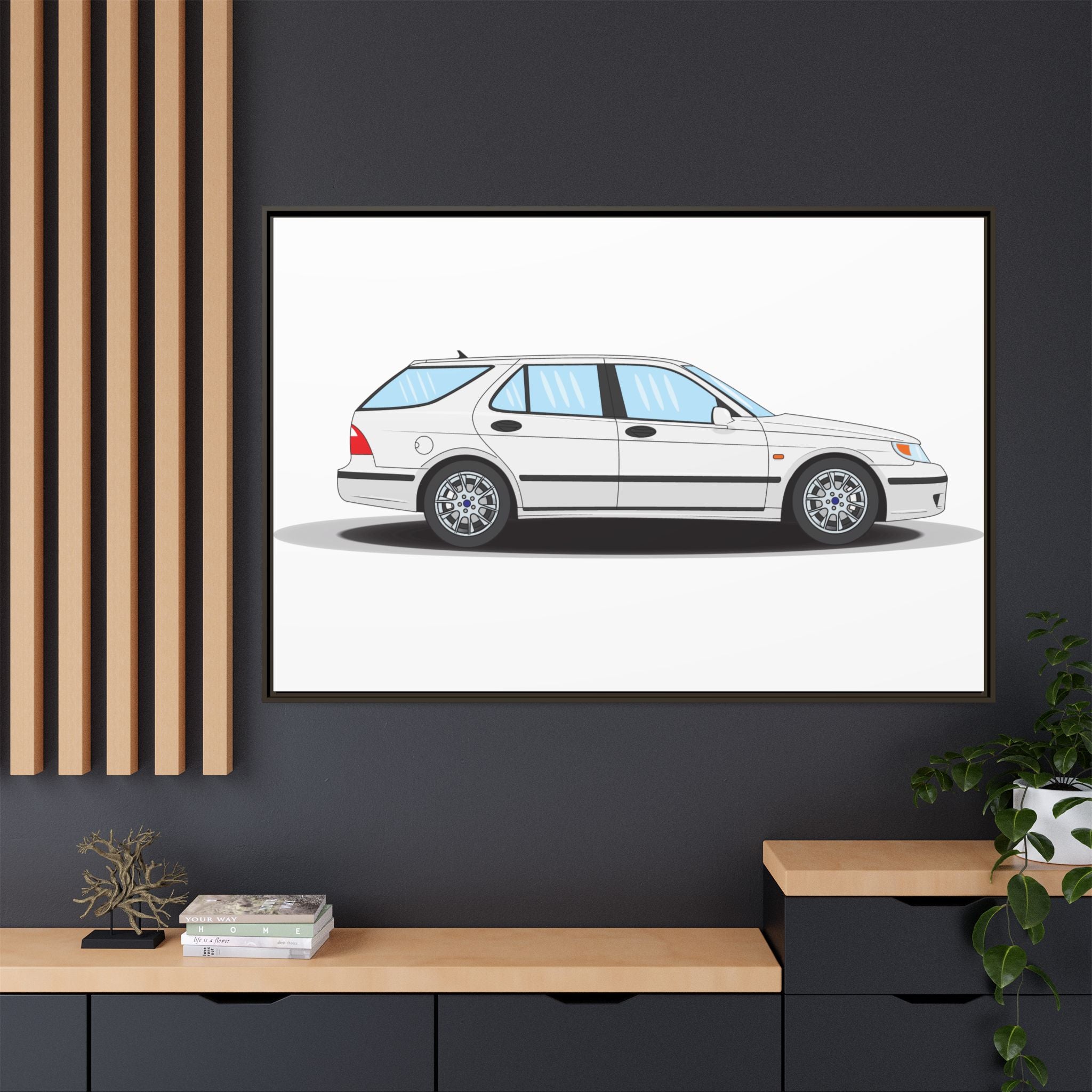 Saab 9-5 OG Aero Wagon Artic White Art Print — Framed Matte Canvas Wall Decor