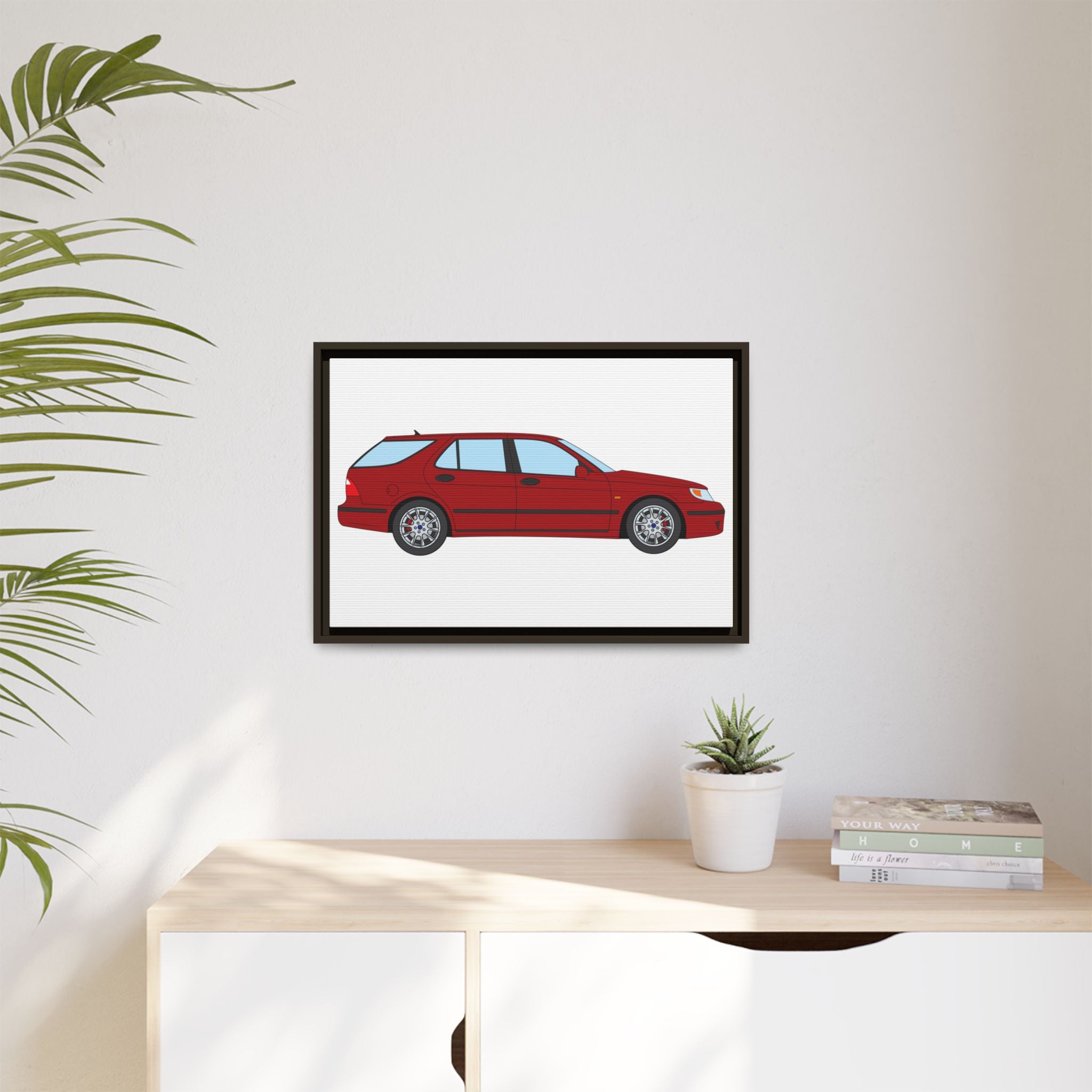 Saab 9-5 OG Aero Wagon — Laser Red Art Print — Framed Matte Canvas Wall Decor