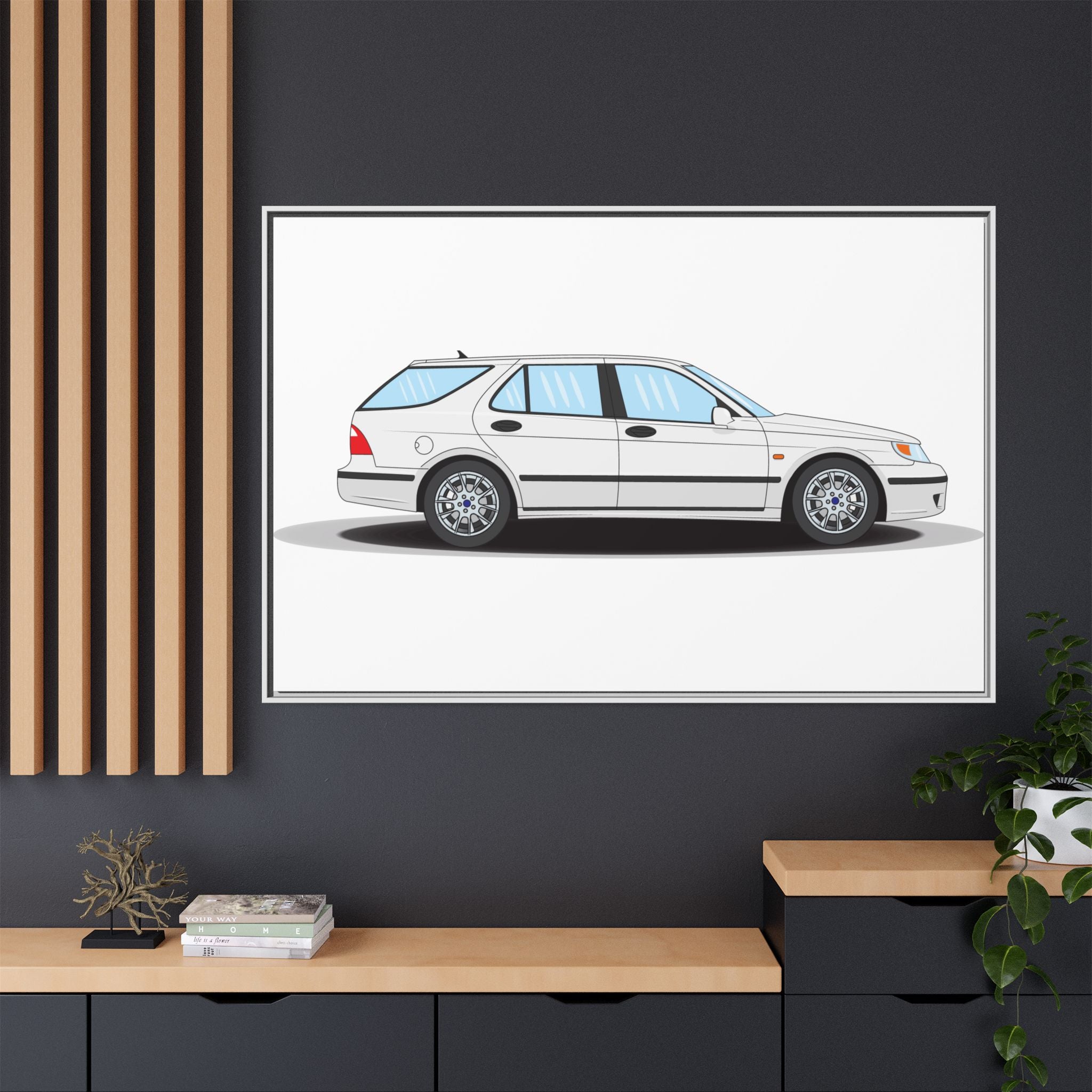 Saab 9-5 OG Aero Wagon Artic White Art Print — Framed Matte Canvas Wall Decor