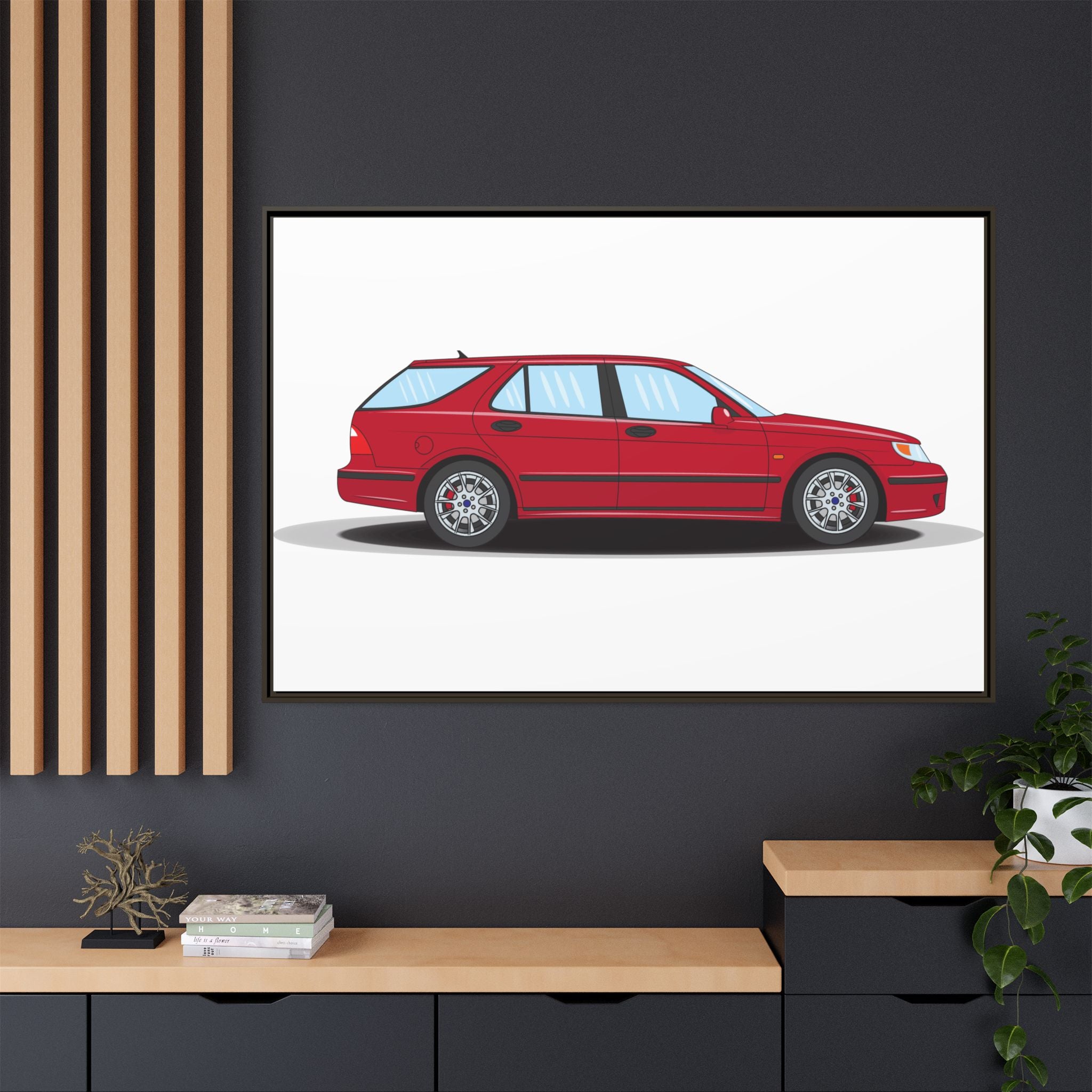 Saab 9-5 OG Aero Wagon Laser Red Art Print — Framed Matte Canvas Wall Decor