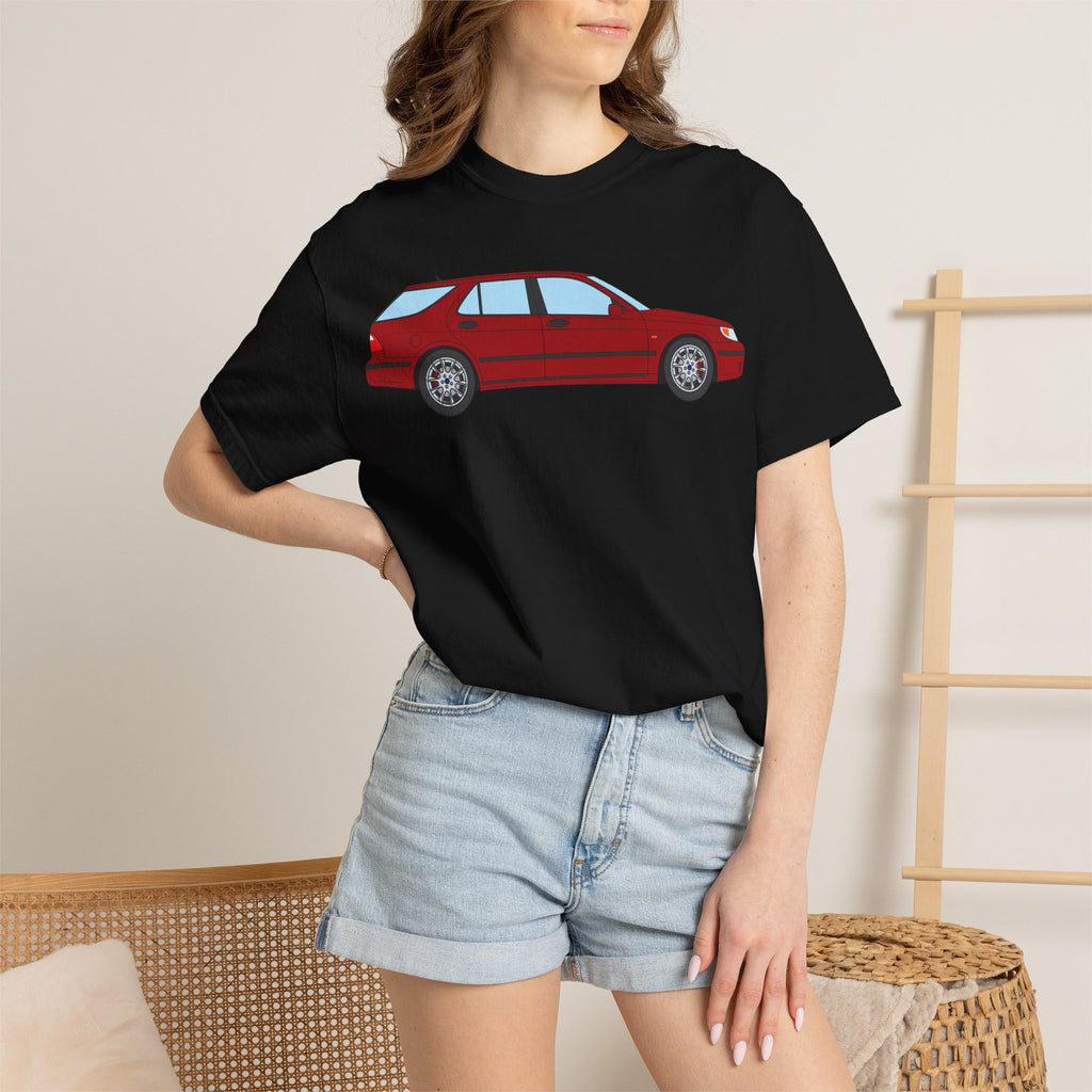 Saab 9-5 OG Aero Wagon Laser Red  — T-Shirt — Retro Car Graphic Tee