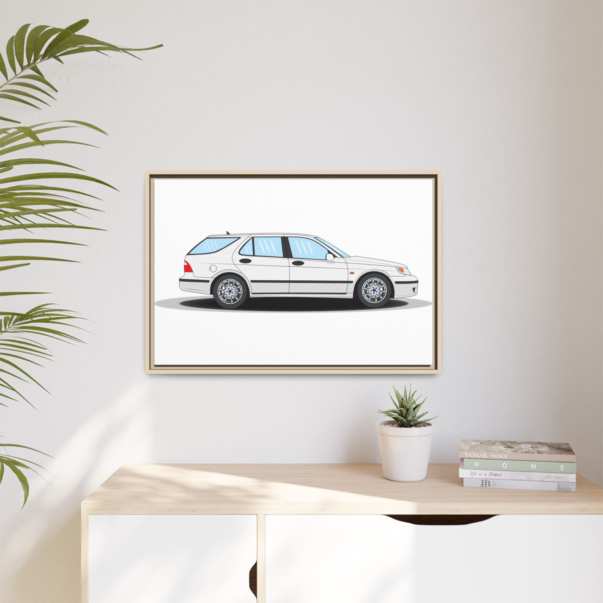 Saab 9-5 OG Aero Wagon Artic White Art Print — Framed Matte Canvas Wall Decor