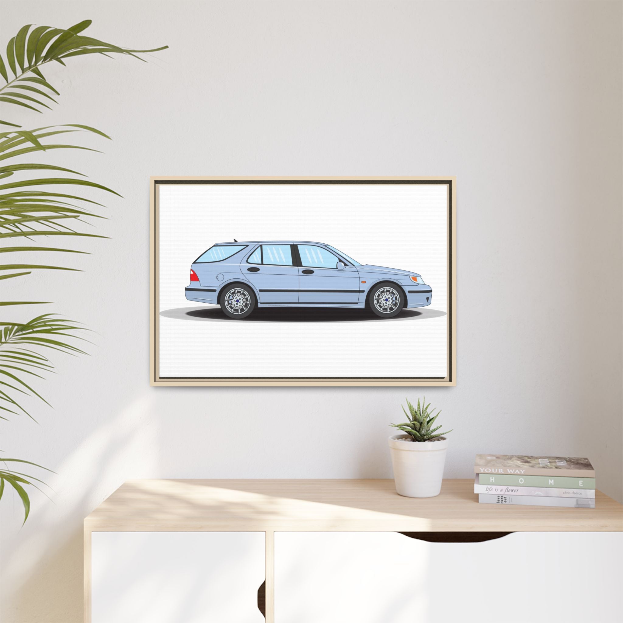 Saab 9-5 OG Aero Wagon Ice Blue Art Print — Framed Matte Canvas Wall Decor