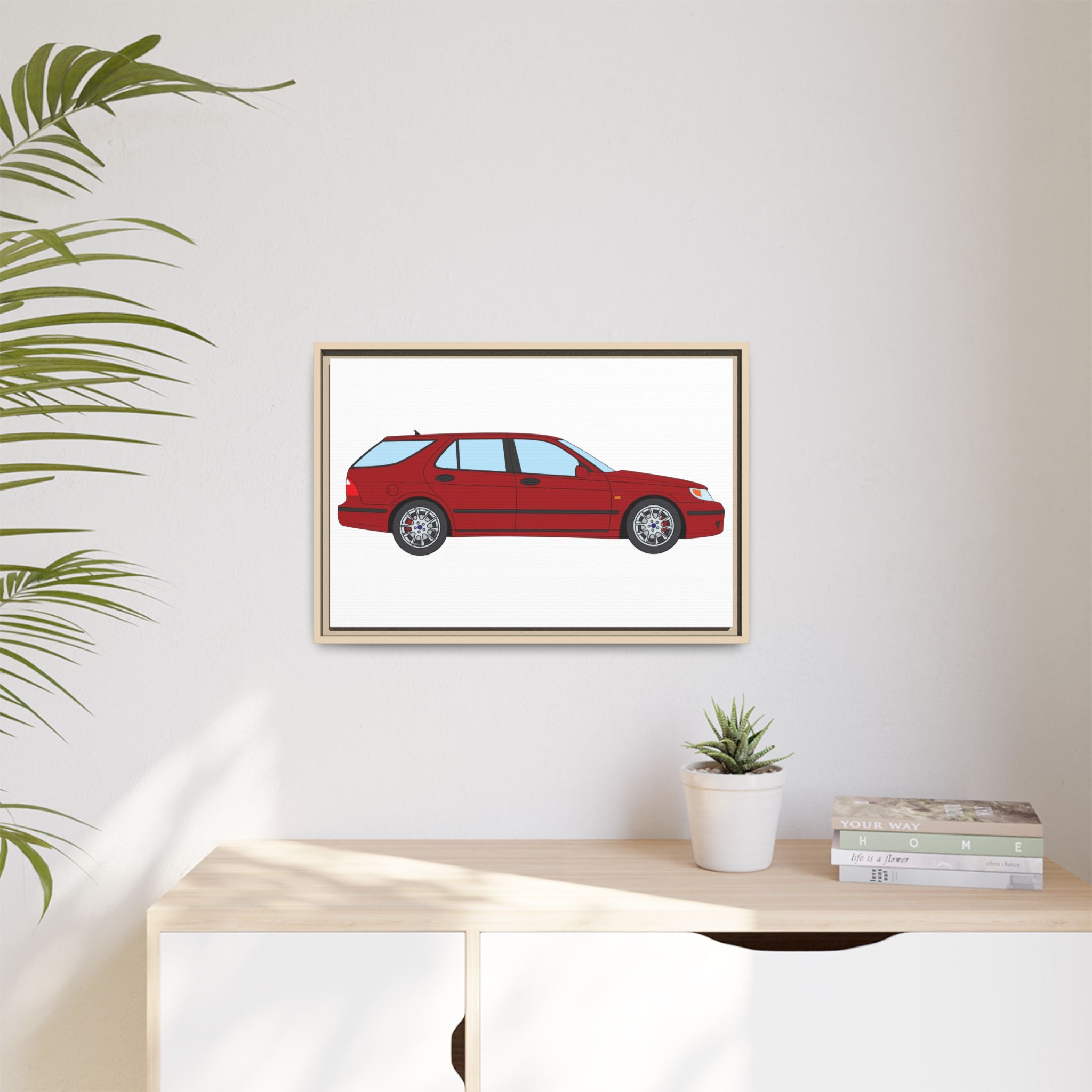 Saab 9-5 OG Aero Wagon — Laser Red Art Print — Framed Matte Canvas Wall Decor