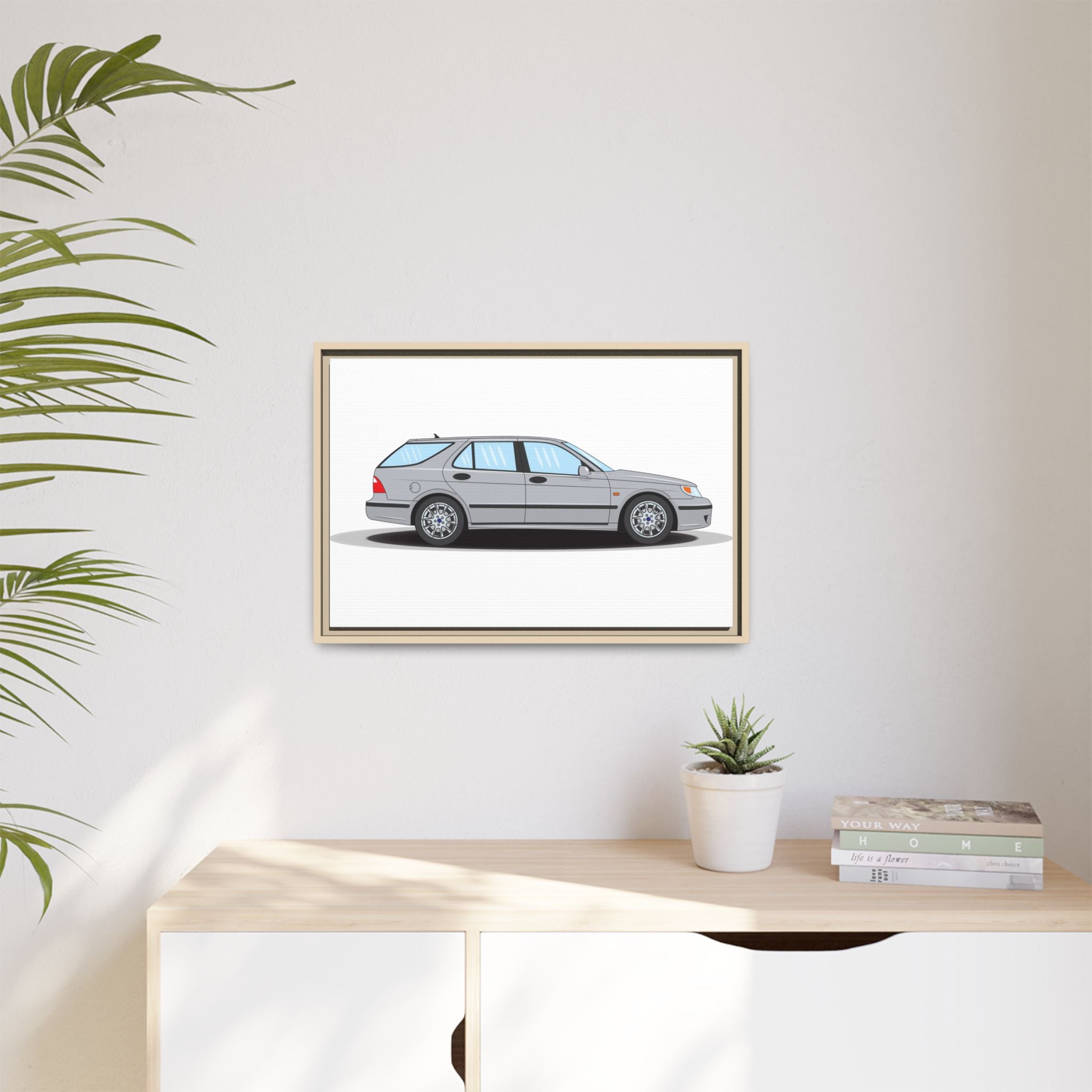 Saab 9-5 OG Aero Wagon Silver Metallic Art Print — Framed Matte Canvas Wall Decor