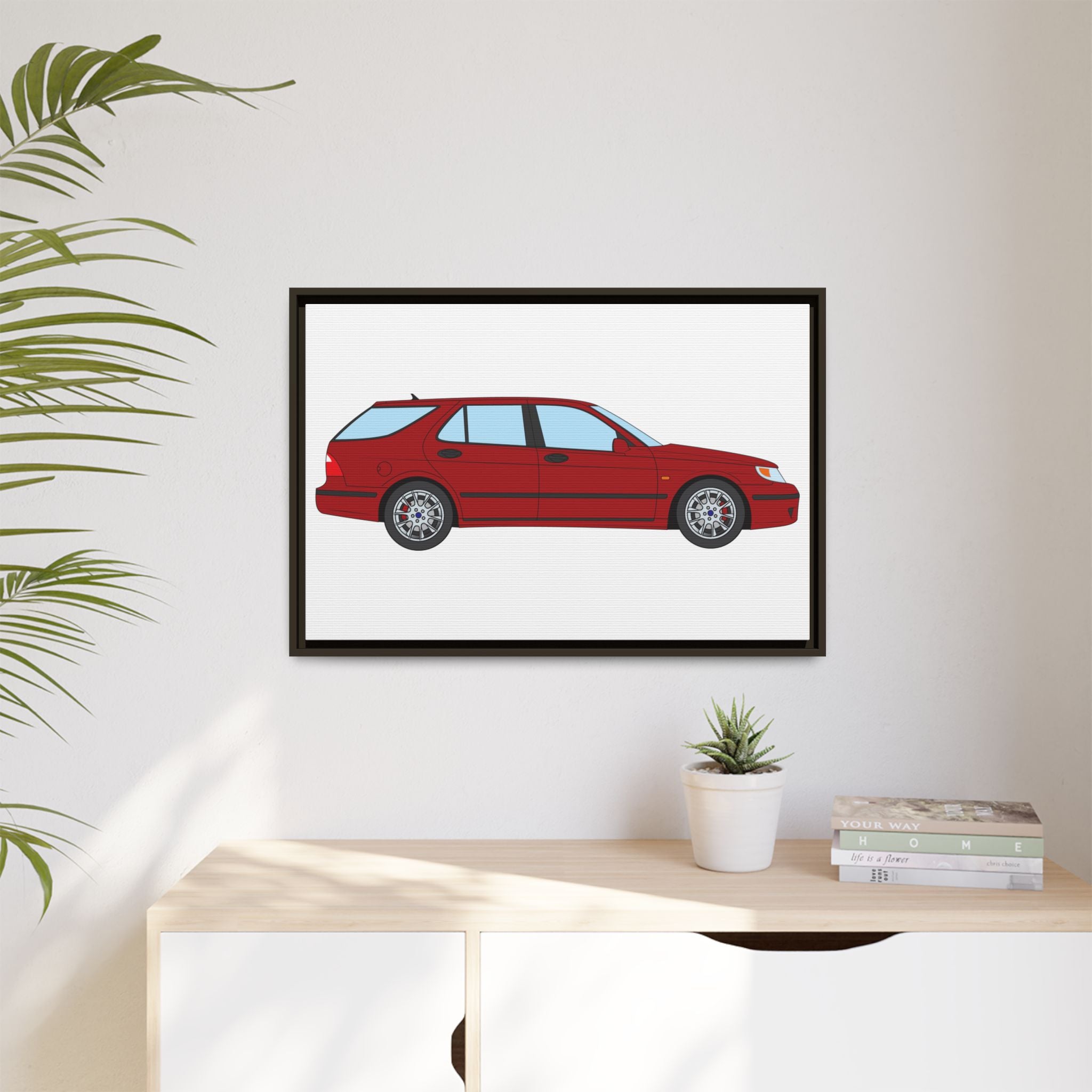 Saab 9-5 OG Aero Wagon — Laser Red Art Print — Framed Matte Canvas Wall Decor