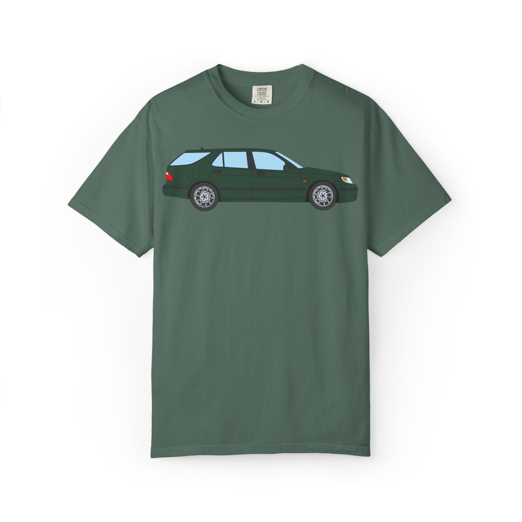 Saab 9-5 OG Aero Wagon Scarabe Green  — T-Shirt — Retro Car Graphic Tee
