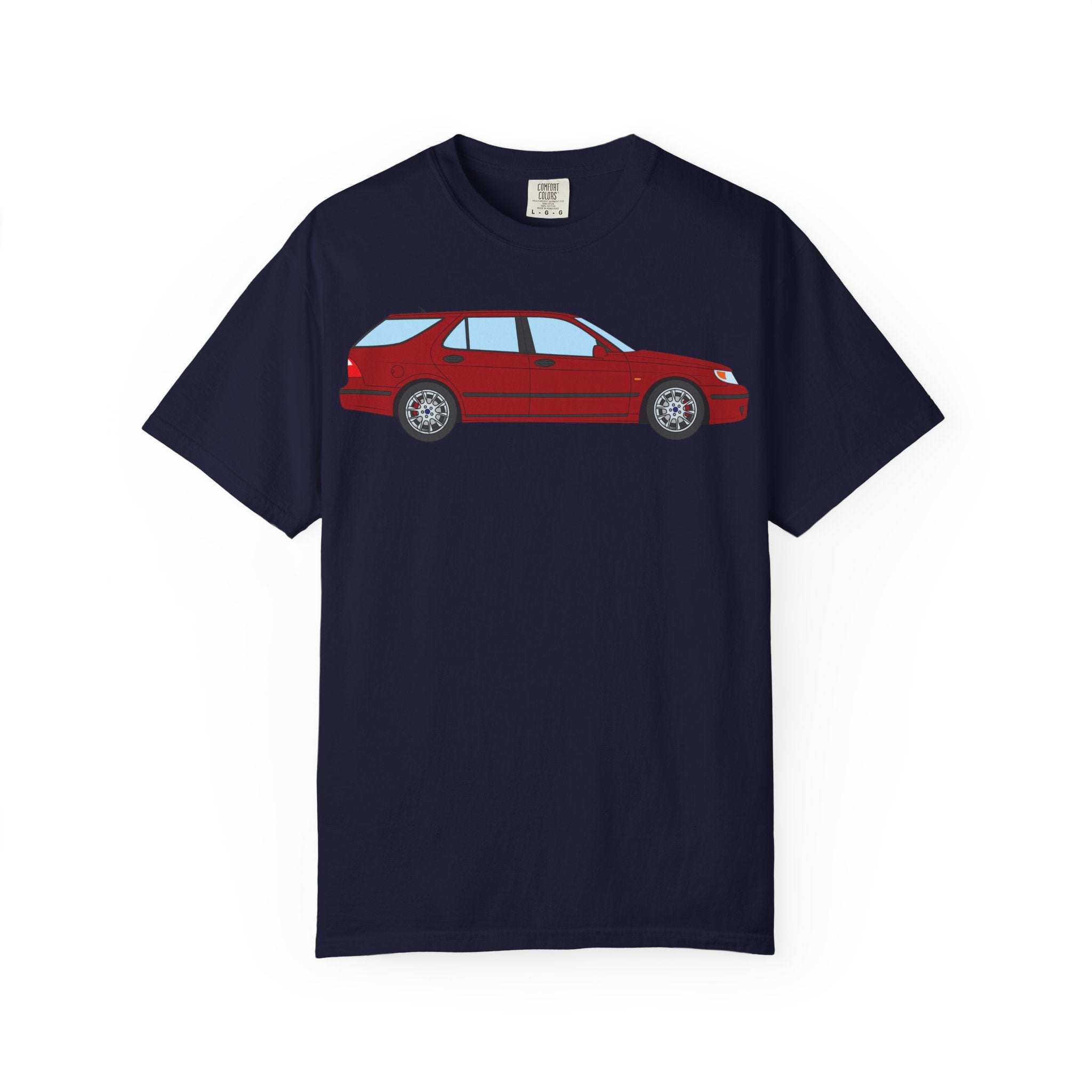 Saab 9-5 OG Aero Wagon Laser Red  — T-Shirt — Retro Car Graphic Tee