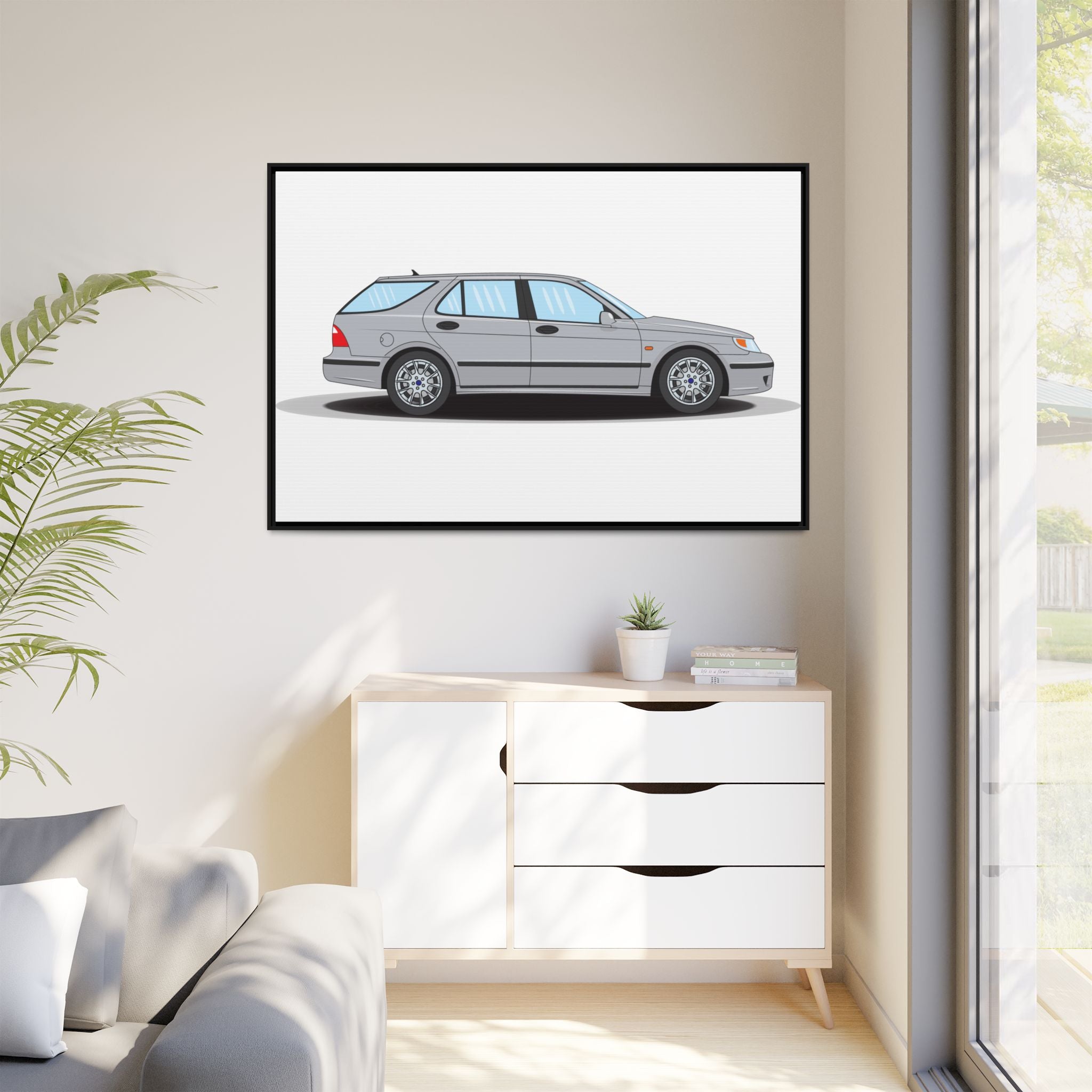 Saab 9-5 OG Aero Wagon Silver Metallic Art Print — Framed Matte Canvas Wall Decor