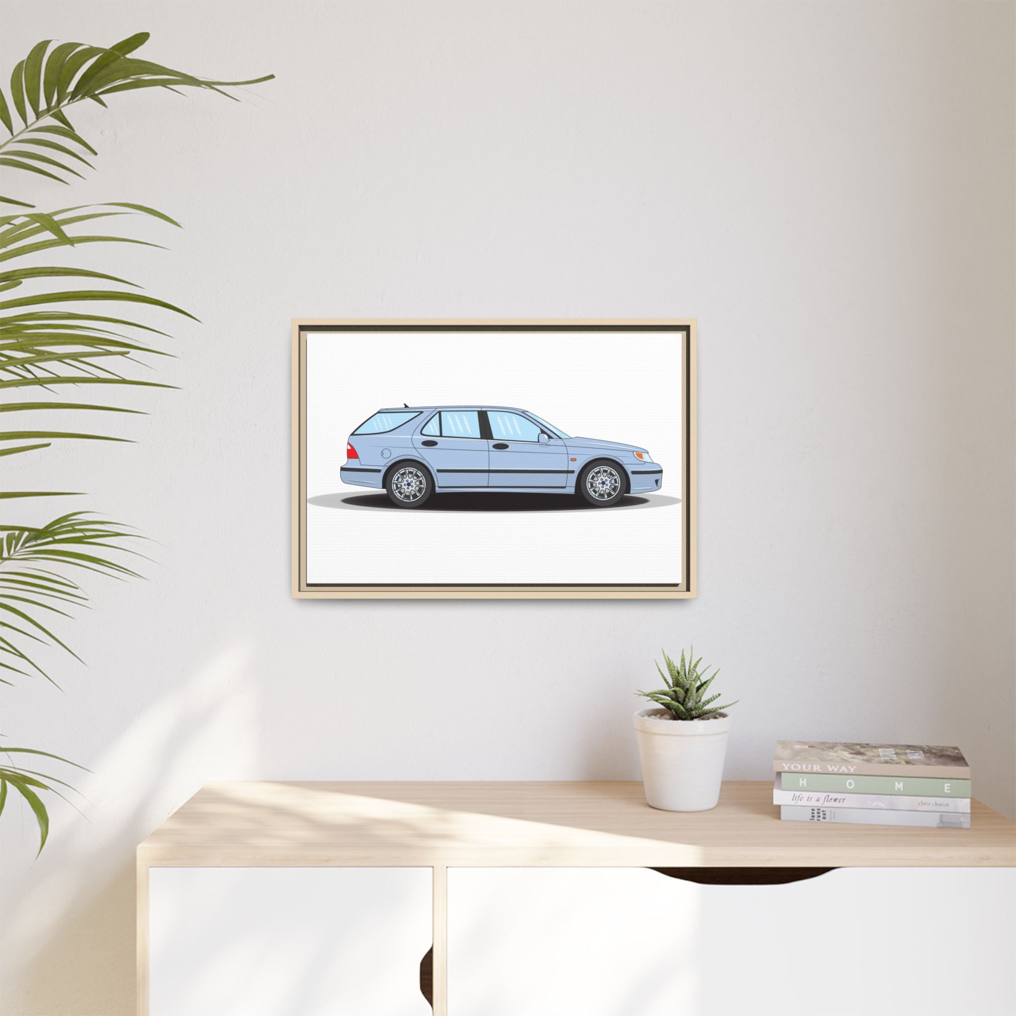 Saab 9-5 OG Aero Wagon Ice Blue Art Print — Framed Matte Canvas Wall Decor