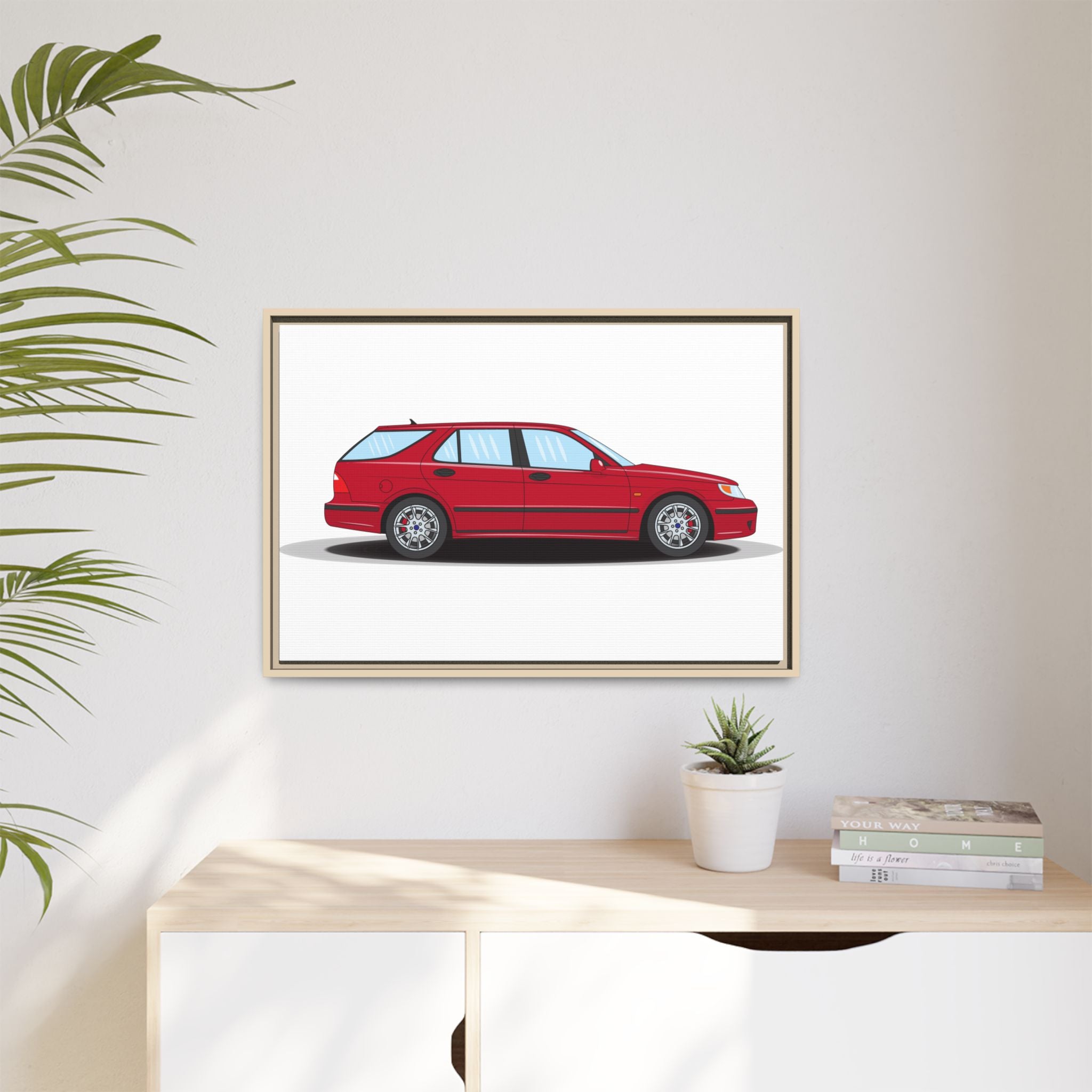 Saab 9-5 OG Aero Wagon Laser Red Art Print — Framed Matte Canvas Wall Decor