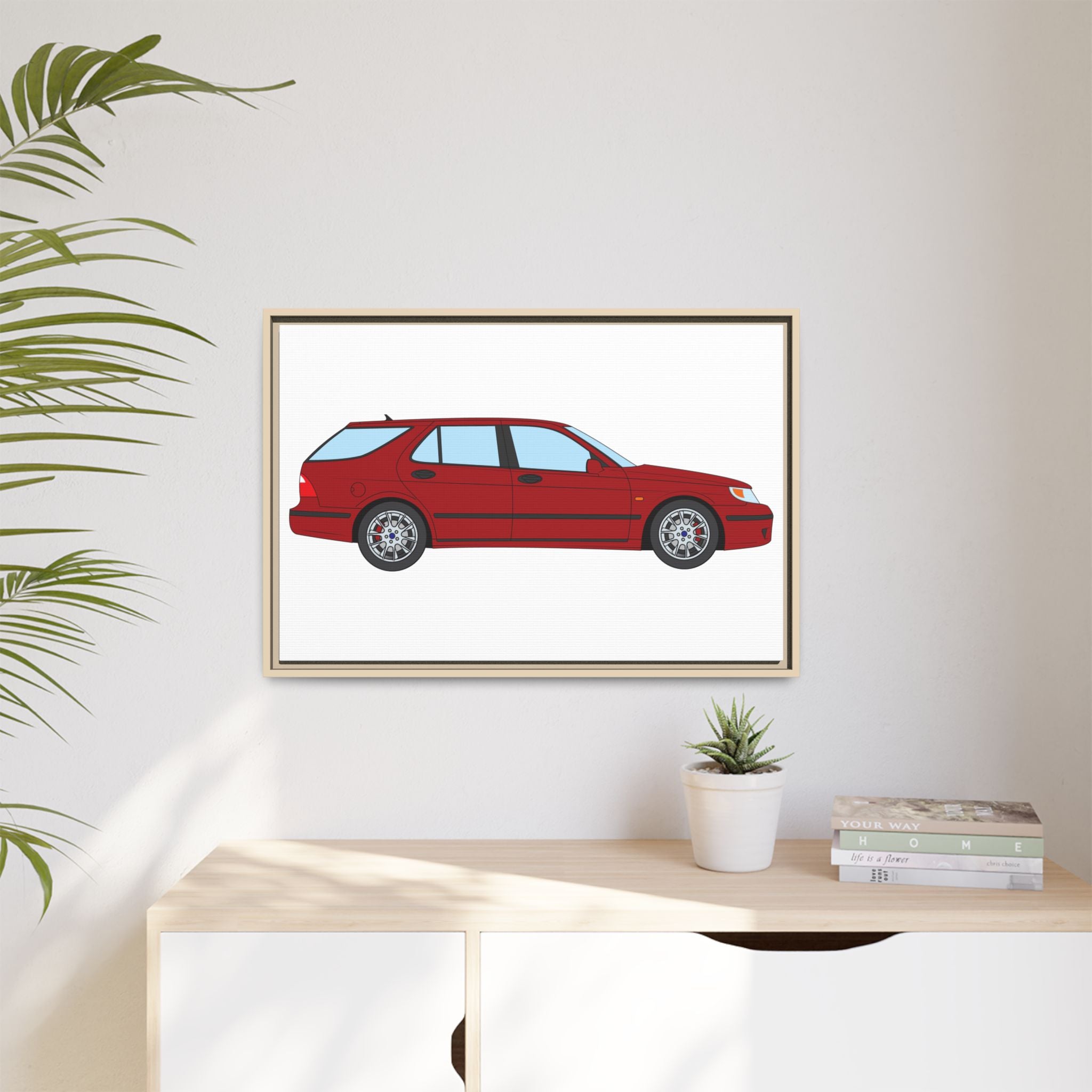 Saab 9-5 OG Aero Wagon — Laser Red Art Print — Framed Matte Canvas Wall Decor