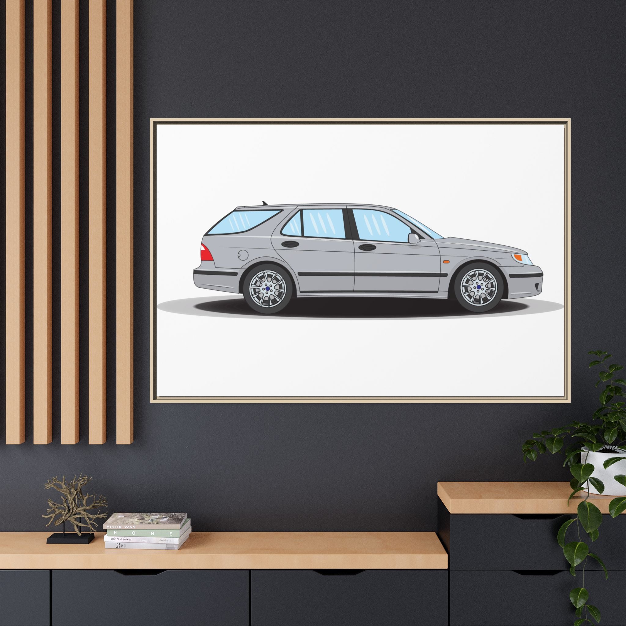 Saab 9-5 OG Aero Wagon Silver Metallic Art Print — Framed Matte Canvas Wall Decor